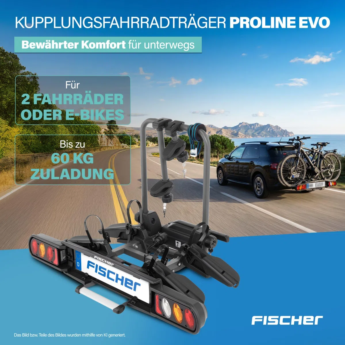 Fischer 126001 - Portabiciclette Proline Evo, per 2 biciclette o biciclette elettriche.