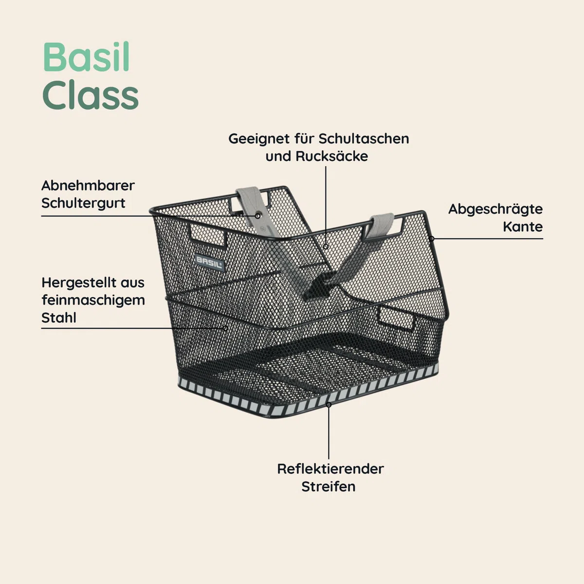 Basil - Cestino per bicicletta classe nera, 38 x 31 x 27 cm