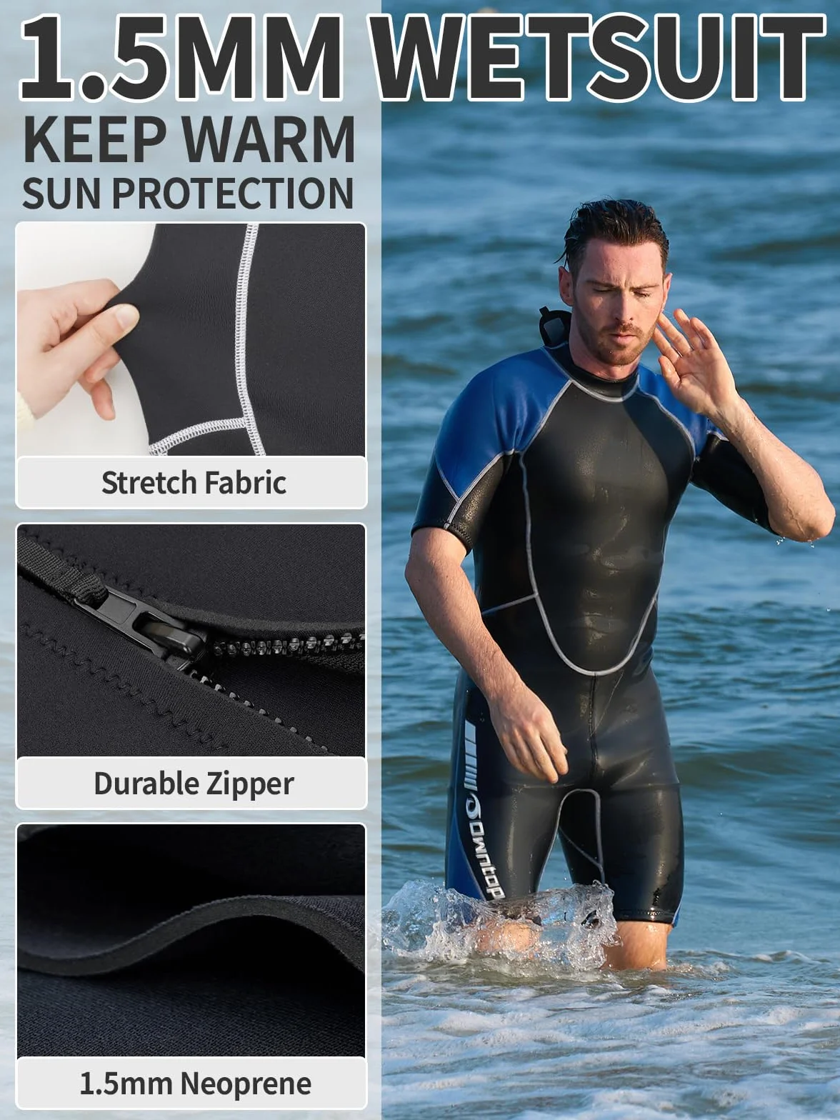 Owntop Shorty - Muta corta in neoprene, 1,5 mm, per immersioni, surf, a maniche corte, in neoprene, per sport acquatici
