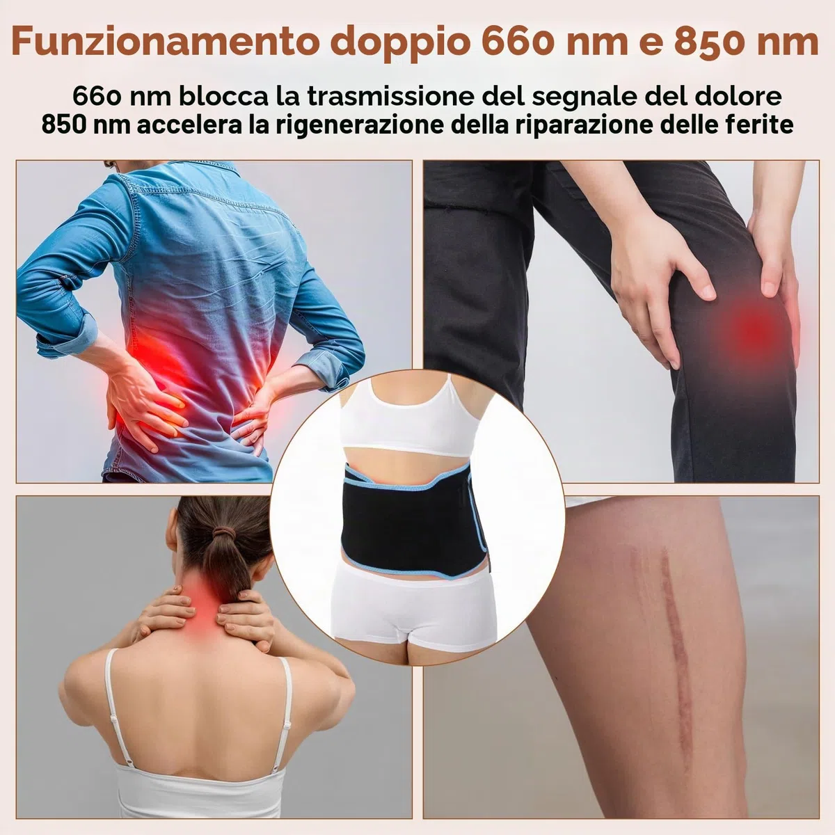 Cintura terapeutica con luce rossa 660 nm luce rossa e cintura avvolgente con luce a infrarossi a 850 nm con impostazioni del timer e occhiali per vita, cosce, braccia, ecc. - Anello muscolare