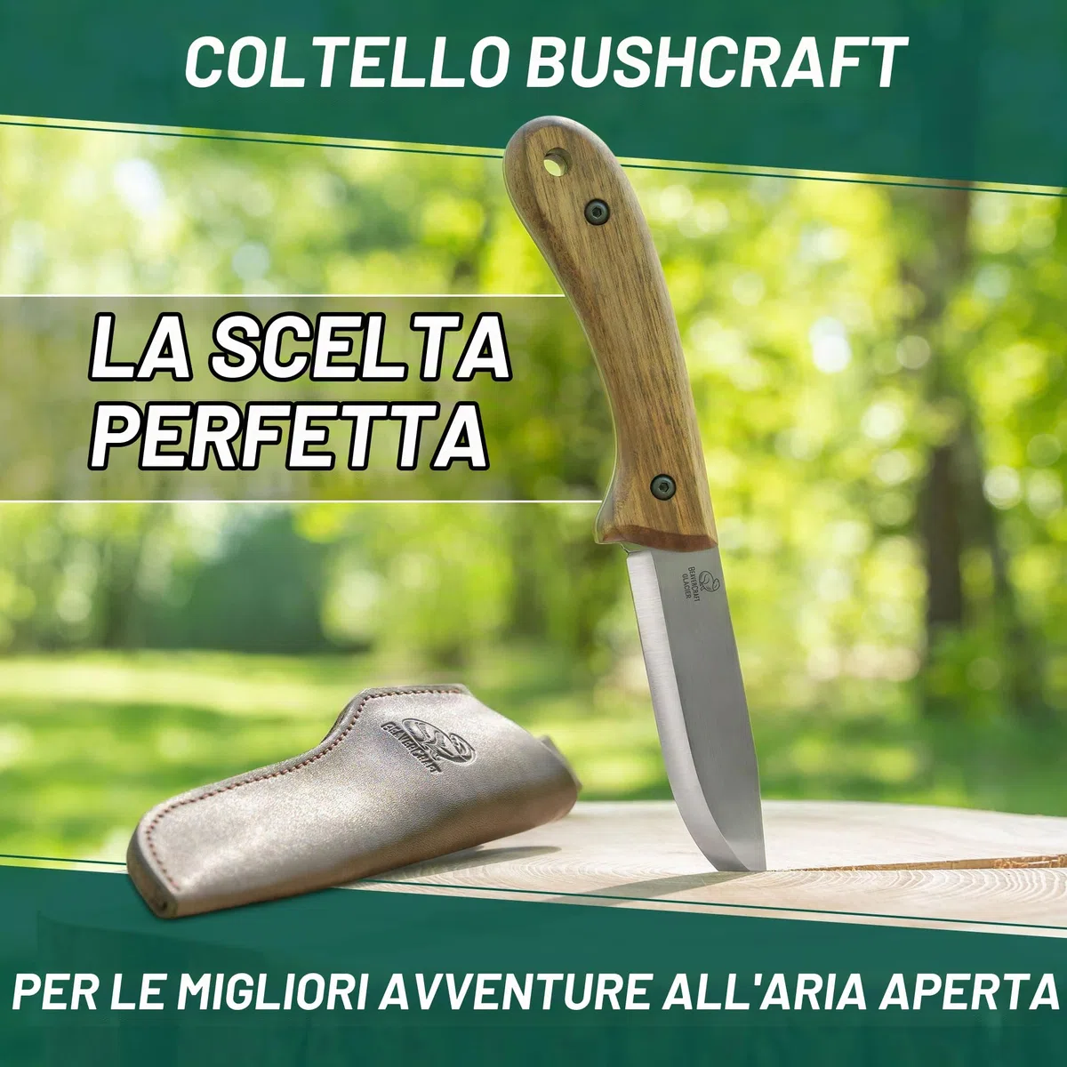 BeaverCraft Coltello da bushcraft Lama in acciaio Coltello a lama fissa con fodero in pelle Coltello da campeggio Coltello da sopravvivenza in acciaio al carbonio a codolo intero | BSH2 Glacier