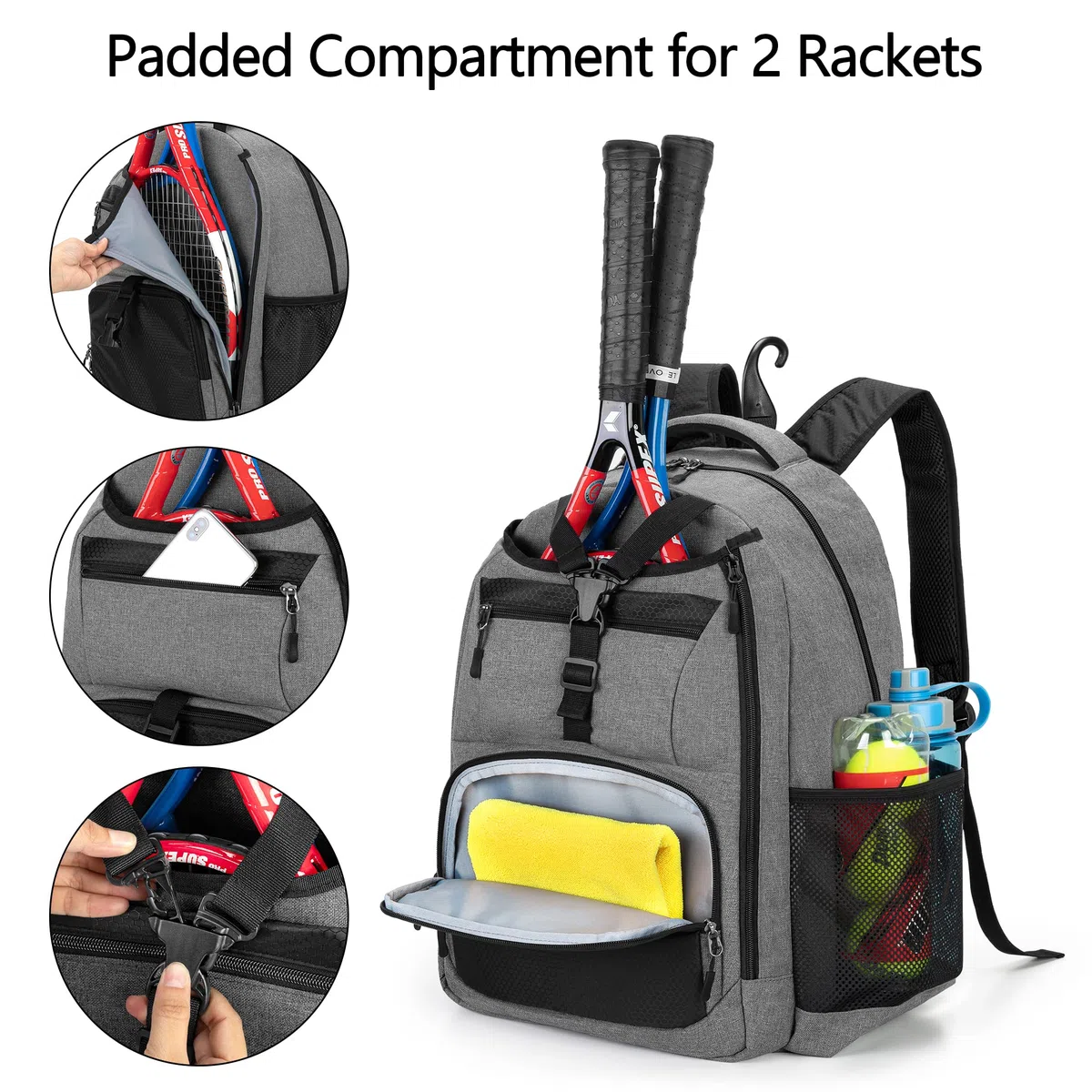 DSLEAF Borsa da tennis per uomo/donna per contenere 2 racchette, zaino da tennis con spazio separato per scarpe da tennis