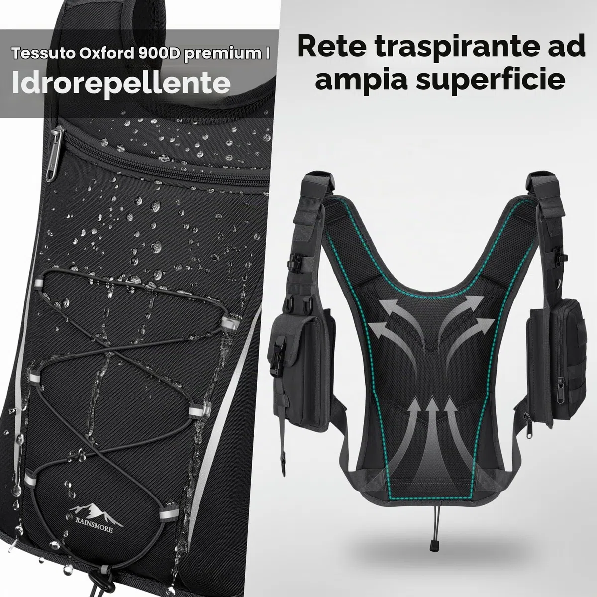 RAINSMORE Gilet Running Uomo Donna con Vescica 2L, Zaino Trail Running Leggero Traspirante, Zaino Idratazione, Impermeabile, Antigraffio per Corsa, Trail Running, Ciclismo, Trekking