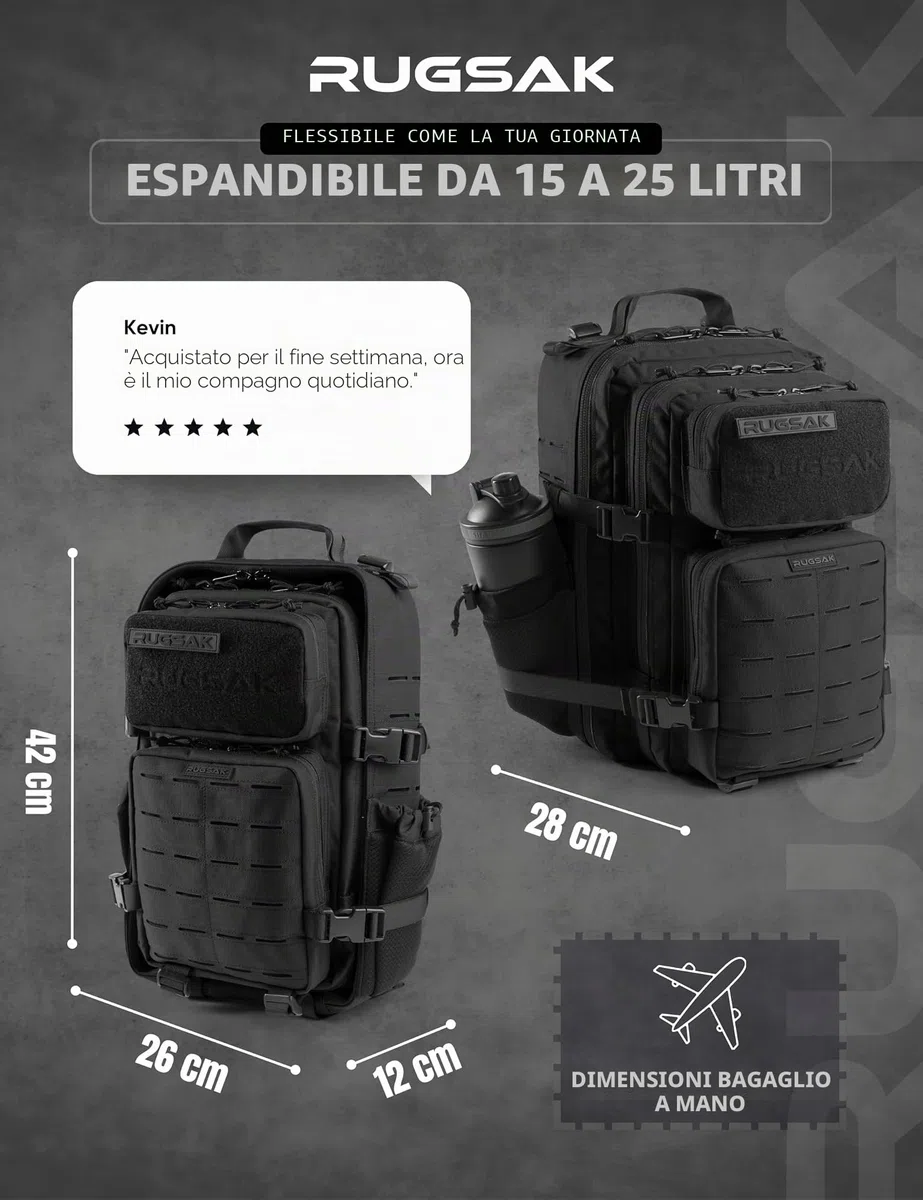 RUGSAK ALPHA | Zaino tattico [15 – 25 L] impermeabile ed estremamente robusto, zaino da sopravvivenza militare, per attività all'aperto, lavoro, escursioni, campeggio e palestra, zaino da viaggio