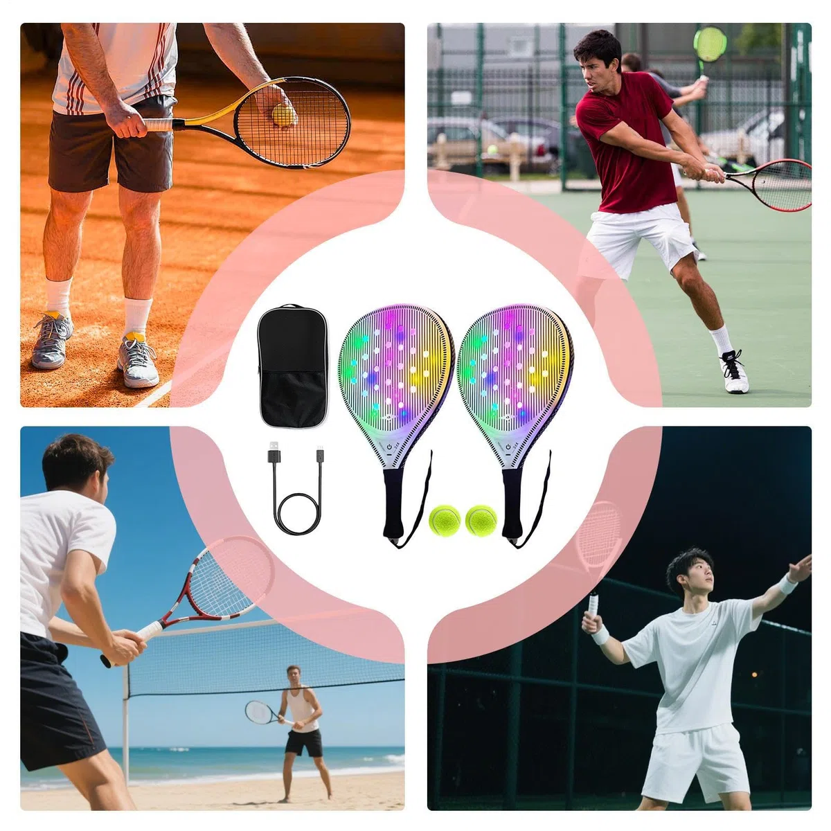 Racchetta da Tennis per Donne Set Di Pagaia Da Spiaggia Luminosa USB | Sportivi con 2 Palline per Allenamento Giornaliero All'aperto