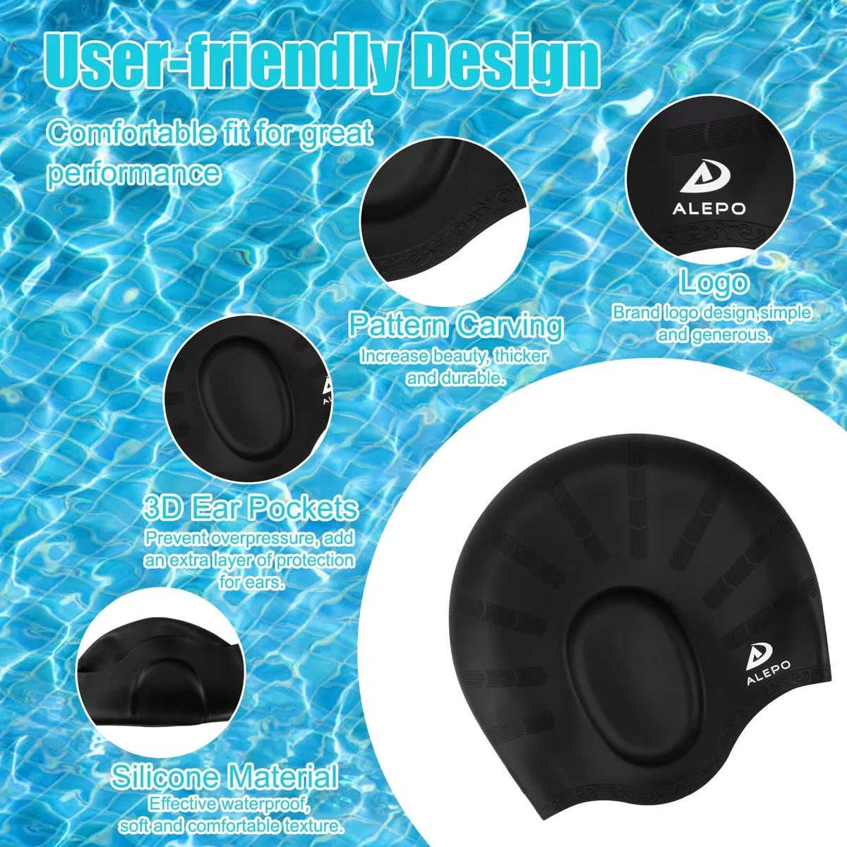 Alepo Confezione da 2 cuffie da nuoto per bambini e bambine, in silicone resistente, con tasche per le orecchie 3D, per bambini dai 3 ai 15 anni, unisex, per capelli corti/lunghi, con tappi per le