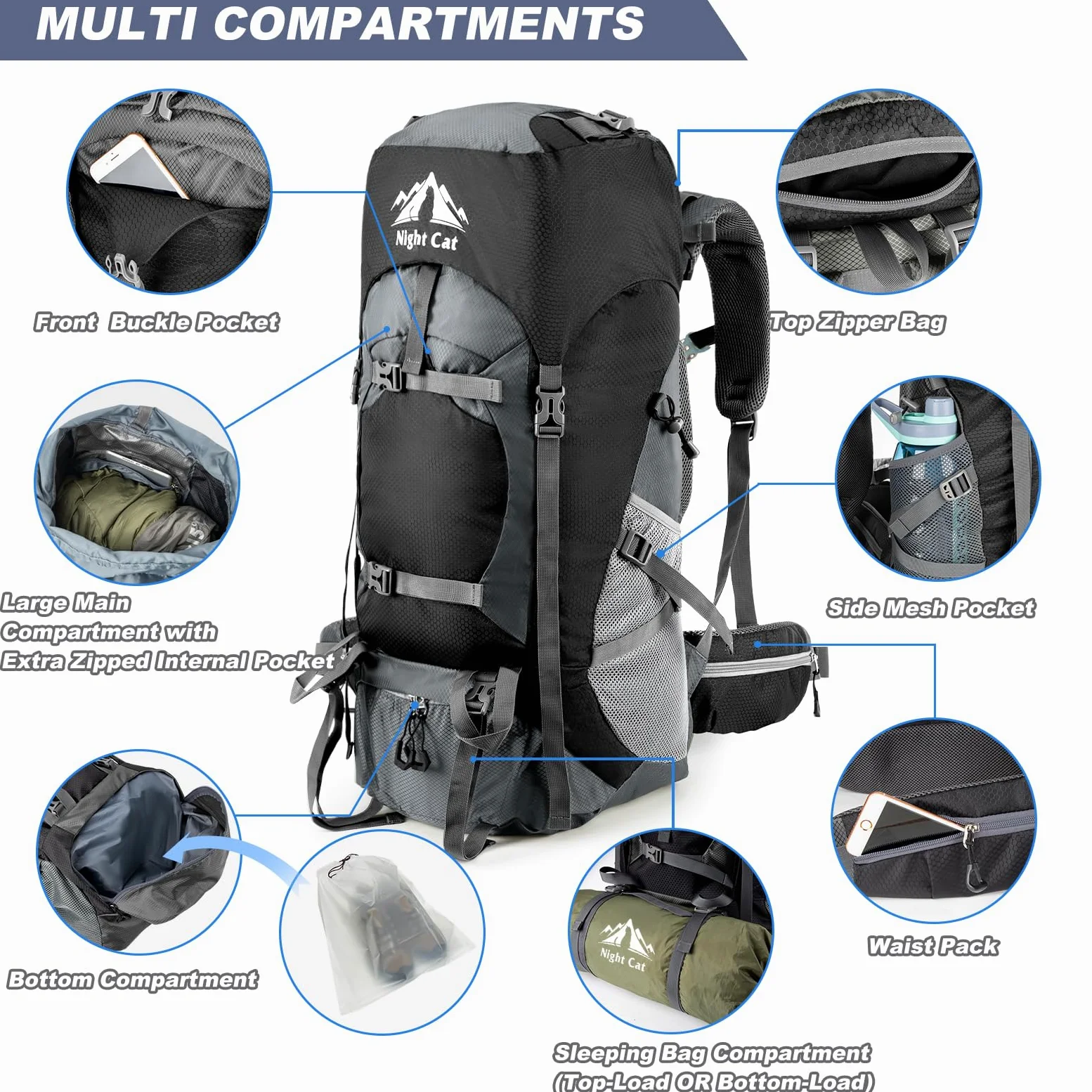 Night Cat 70L Zaini da Hiking Trekking Zaino da Campeggio per Gli Uomini Donne di Arrampicata Ciclismo Viaggio Escursionismo