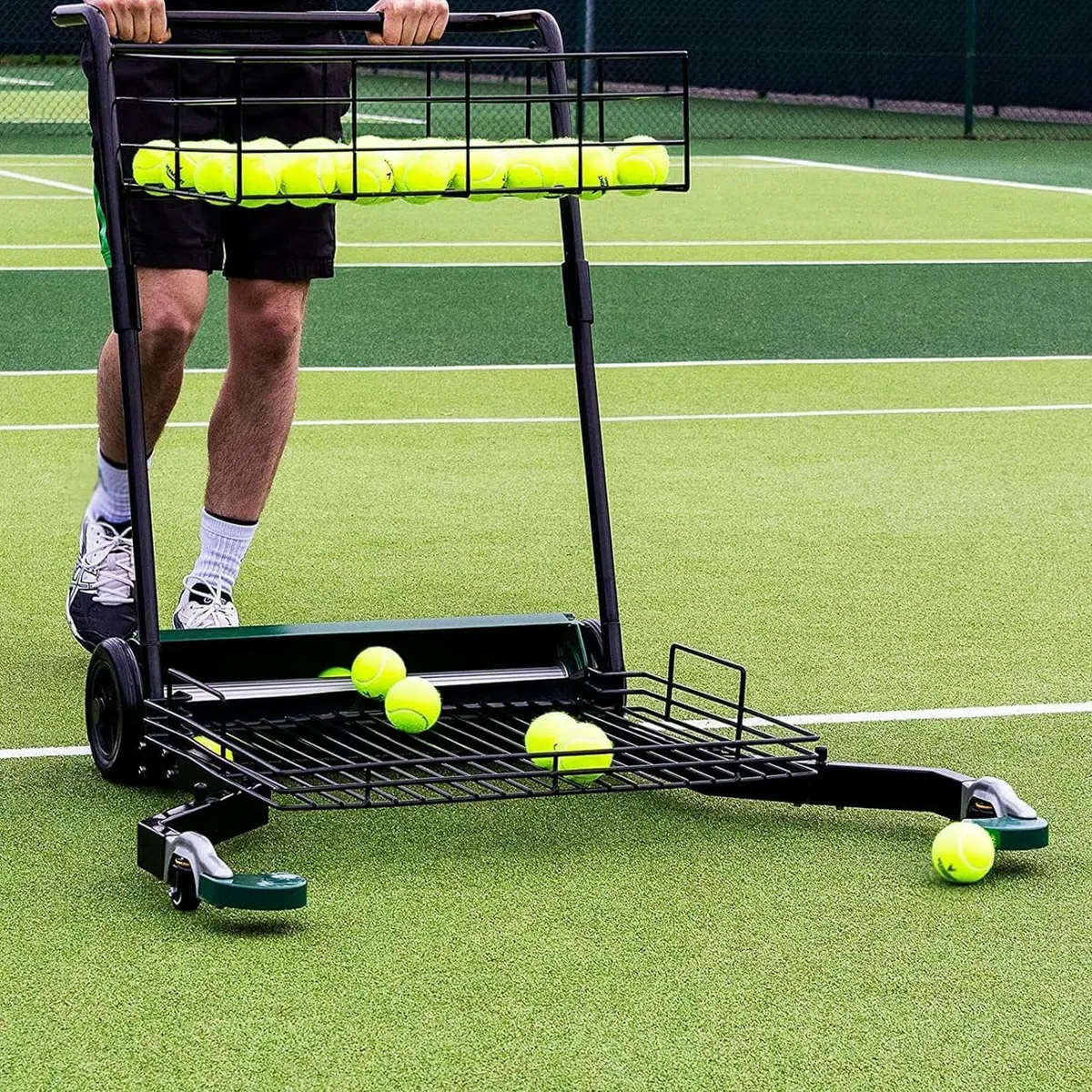 Carrello per raccogliere palline da tennis e tramoggia, facile da collezionare, raccoglie 90 palline alla volta, può contenere fino a 290 palline da tennis, ideale per campi da tennis