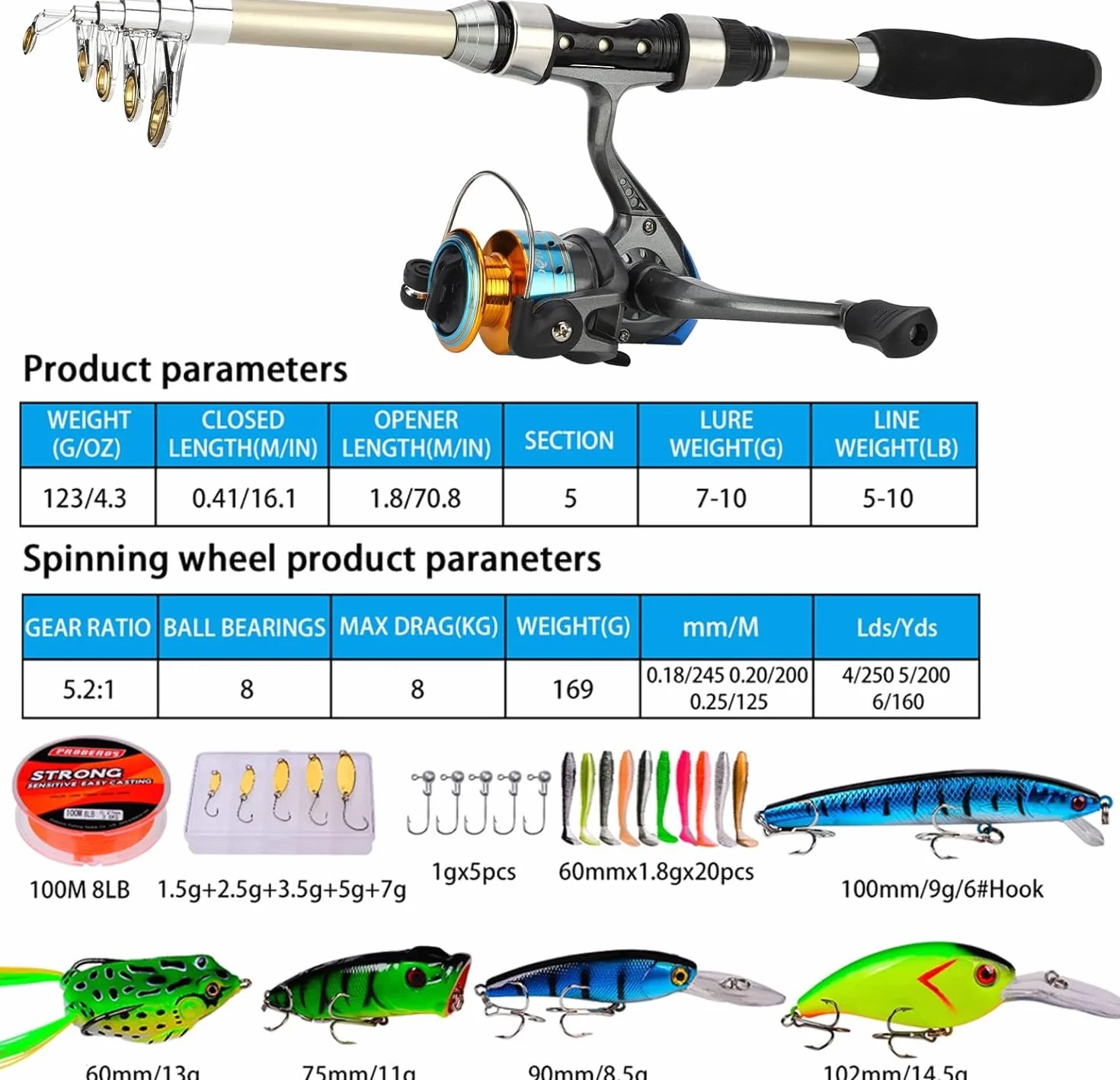 Set composto da canna da pesca telescopica e mulinello, con lenza, esche, borsa per il trasporto, canna da spinning e mulinello per acqua salata e d'acqua dolce