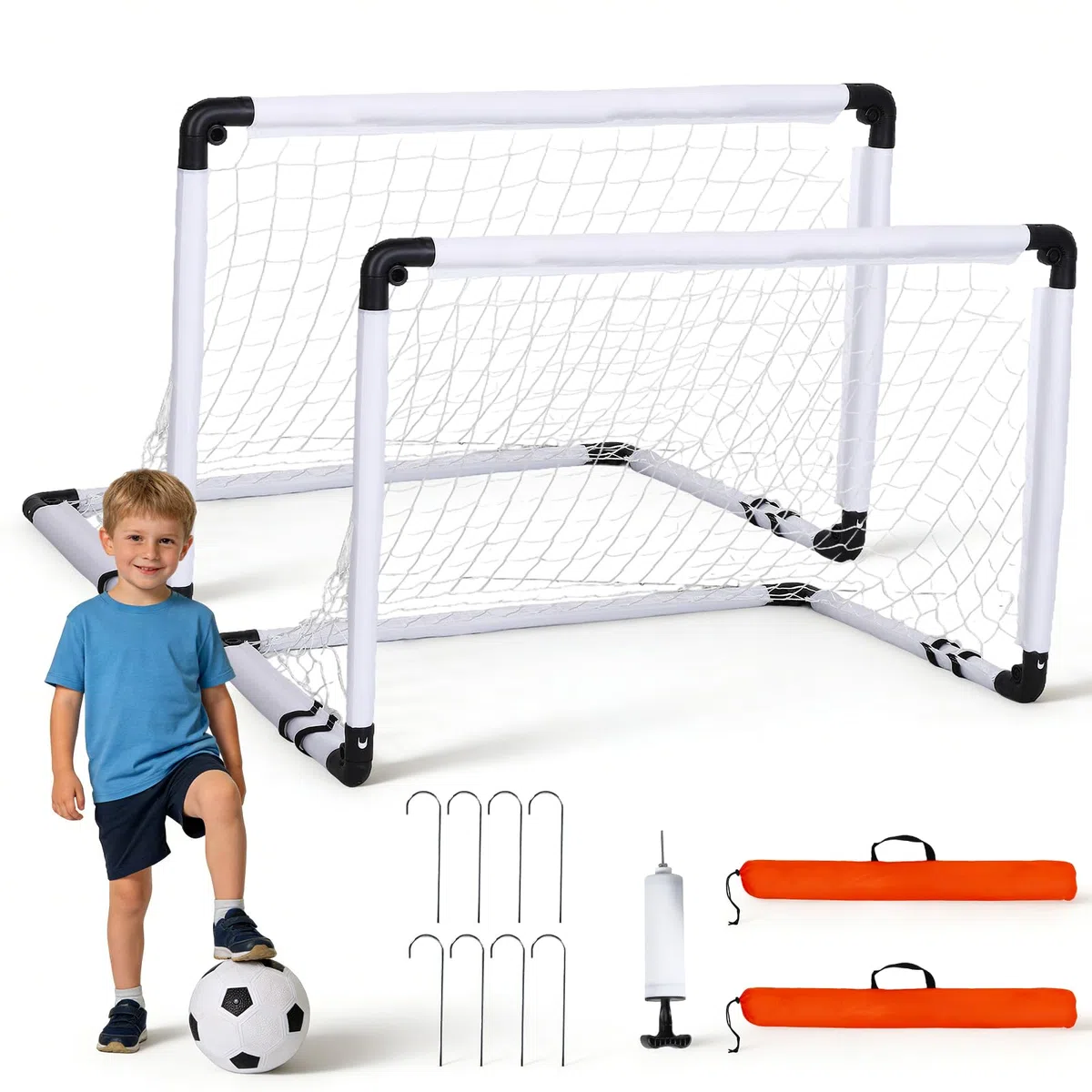 Set di 2 porte da calcio per bambini - Porte da calcio con pratica borsa per il trasporto, giochi all'aperto per bambini con pallone da calcio, pompa ad aria, 8 picchetti di ancoraggio