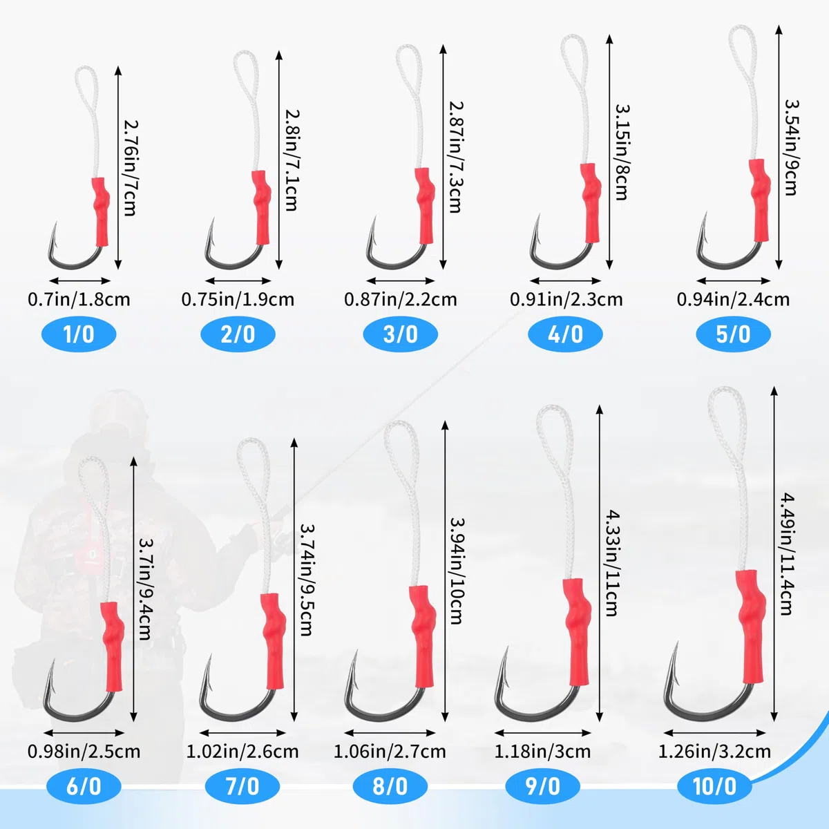 Orootl, 60 ami da pesca in acciaio inox, ami da pesca con forte lenza in polietilene, 1/0-10/0, kit per pesca in acqua dolce e salata, 60pcs-4/0