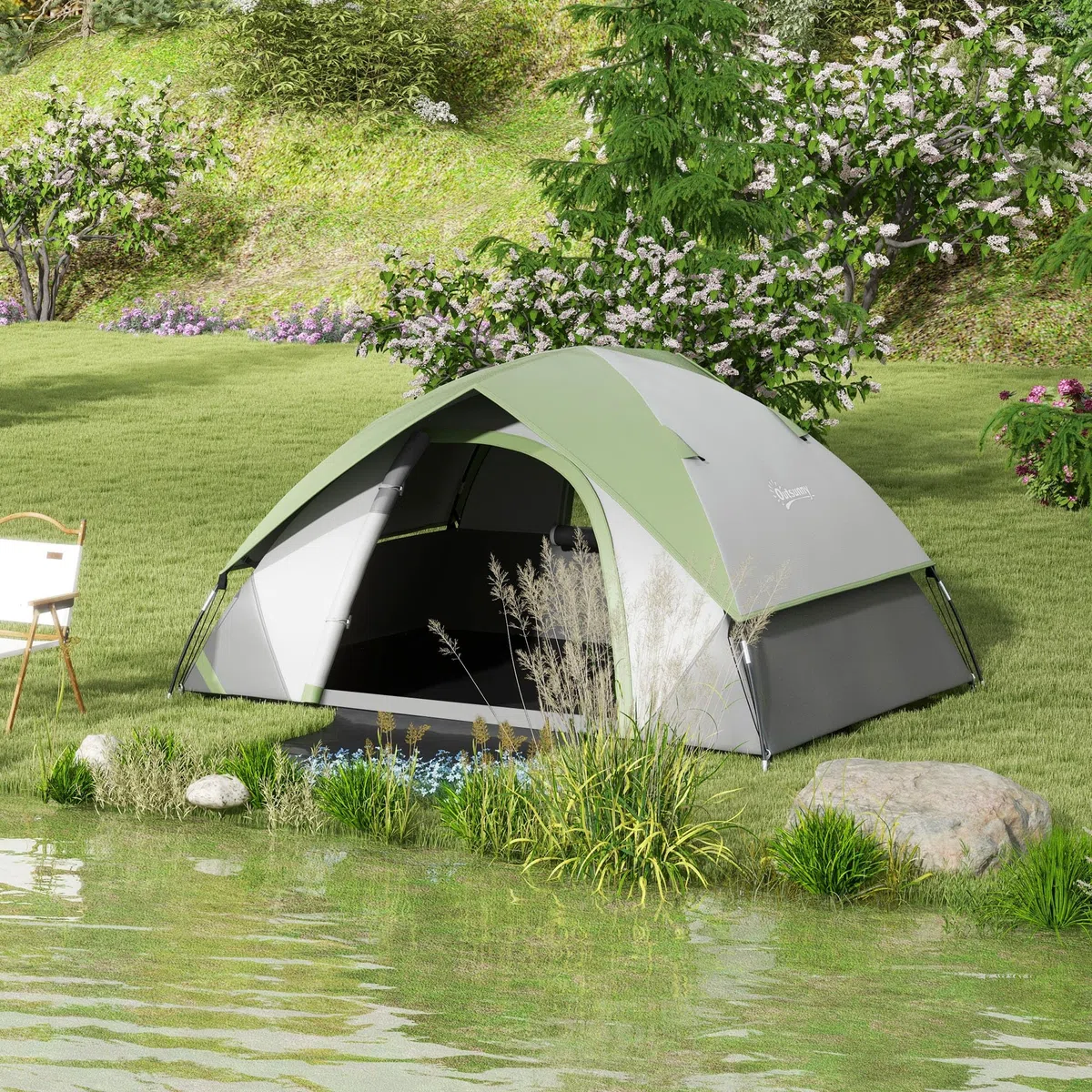 Outsunny Tenda 2 Posti con Finestra a Rete e Gancio per Lanterna, Tenda Campeggio Impermeabile 3000 mm con Borsa di Trasporto in Poliestere, 210x150x110 cm