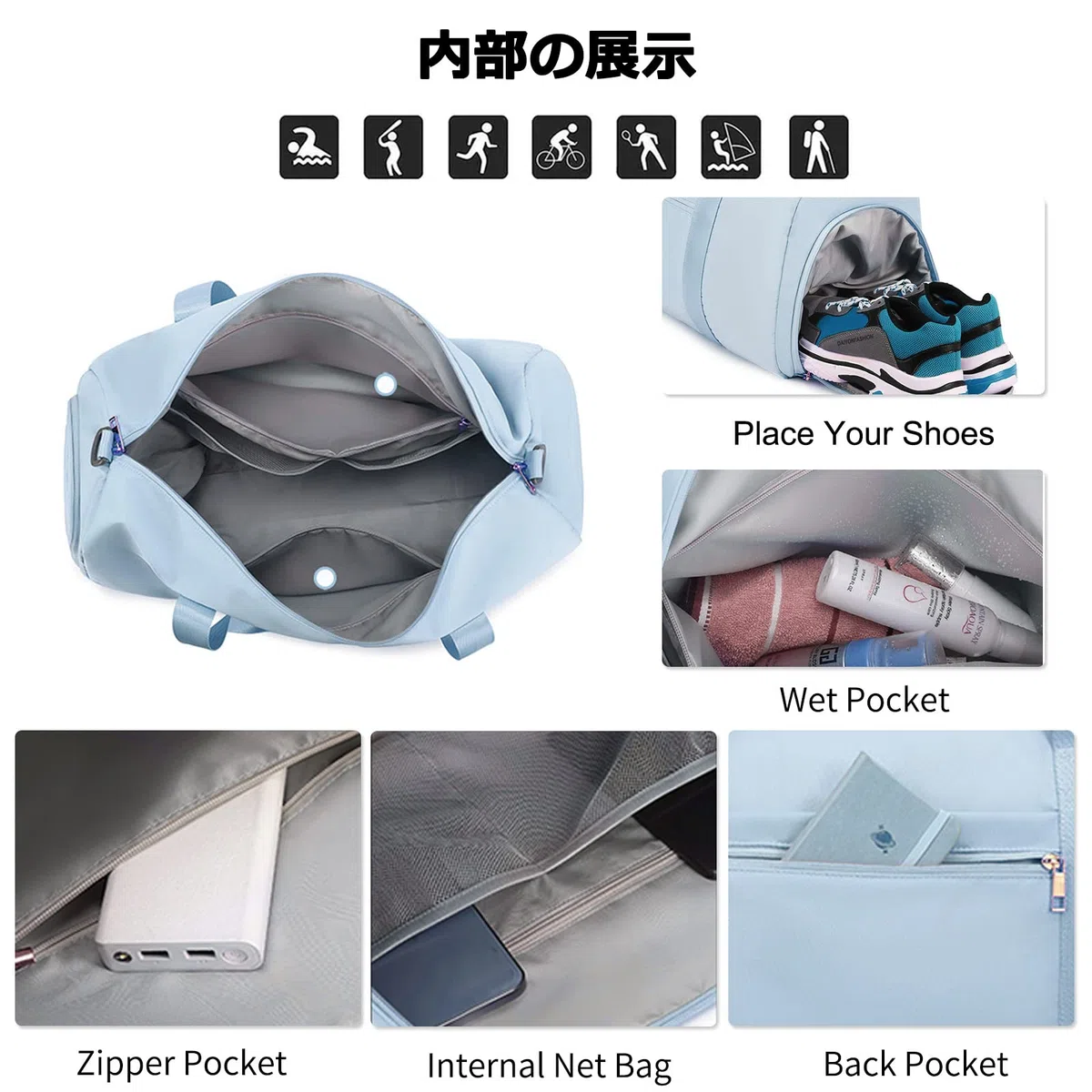 FANDARE Set 2 Pezzi Borsone da Viaggio Donna con Borsa Cosmetica - Borsoni Sportivi Uomo per Palestra, Piscina, Weekender - Tote a Spalla Azzurro