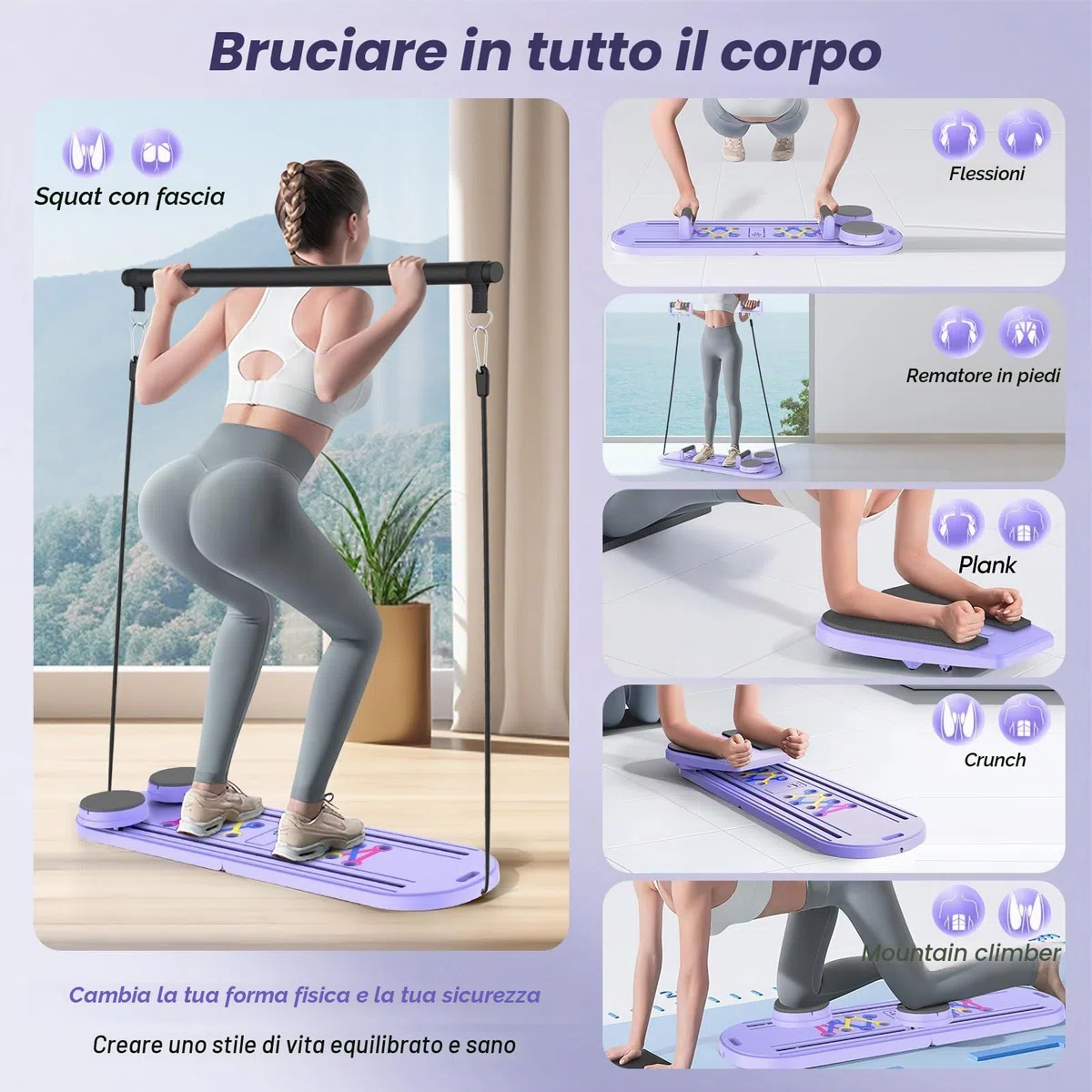 Mini riformatore Pilates 6 in 1 con contatore intelligente, tavola pilates con bande di resistenza, rullo di rimbalzo automatico, tavola addominale pieghevole