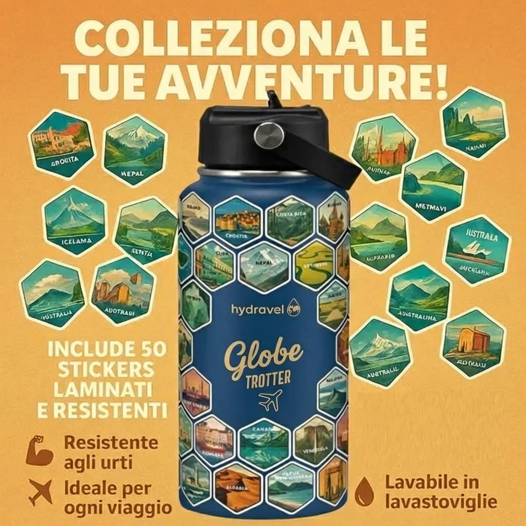 Borraccia Termica GLOBE TROTTER con 50 Adesivi dei Posti più BELLI del Mondo - Ottima Idea Regalo per Viaggiatori - 1 LT, Acciaio Inox, bevande Calde per 12h/Fredde 24h (Blu)