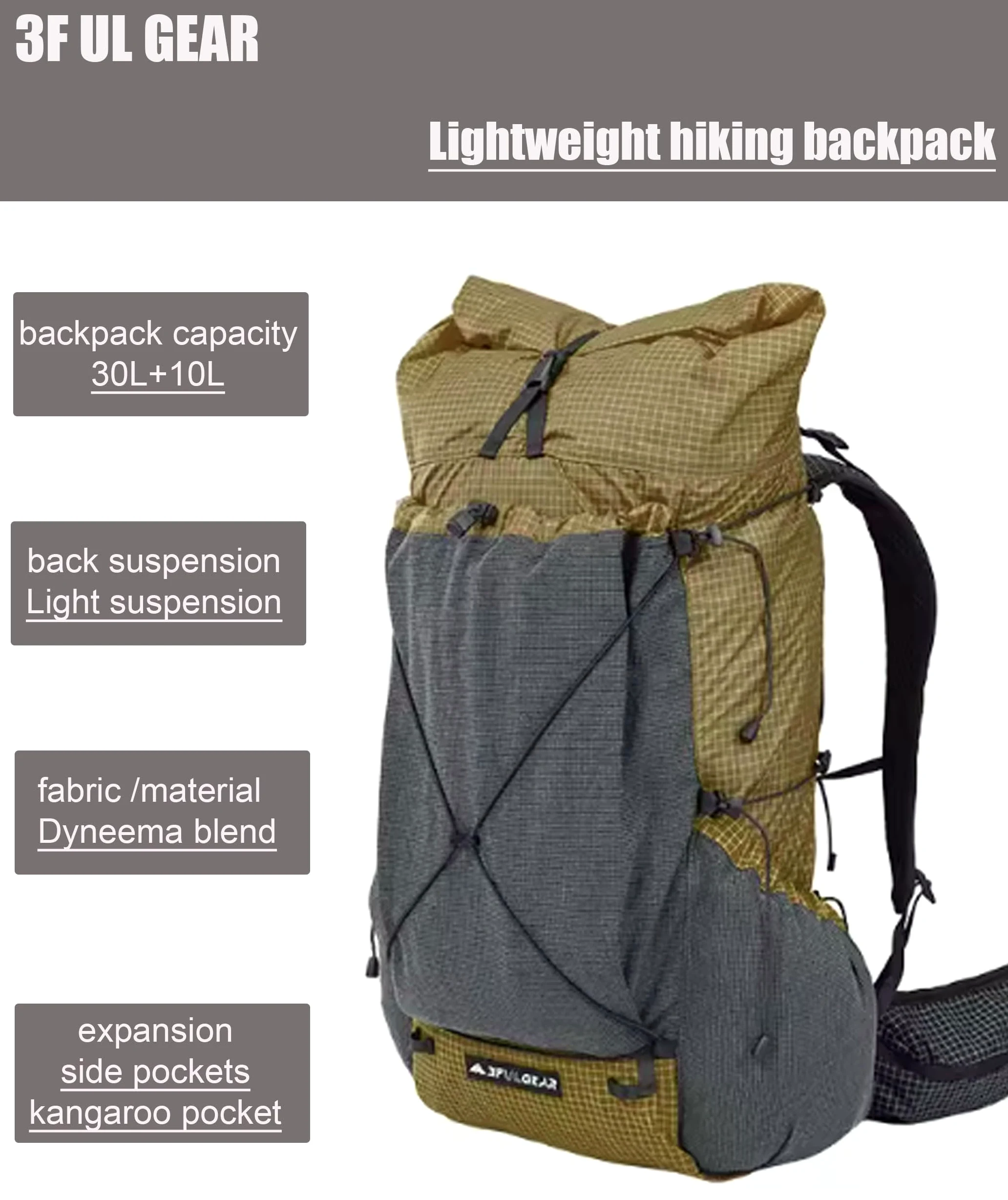 3F UL GEAR 30L + 10L UHMWPE Zaino ultraleggero impermeabile da escursionismo, campeggio, viaggi, per uomini e donne (cachi classico, L)