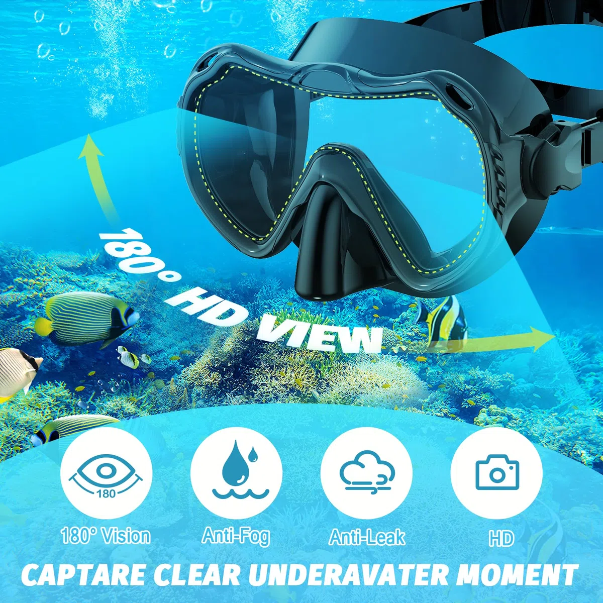 Maschera integrale da snorkeling, attrezzatura per snorkeling per adulti, uomini e donne, vista panoramica a 180 gradi, set con boccaglio anti-appannamento, anti-perdite, sistema Dry Top e borsa da