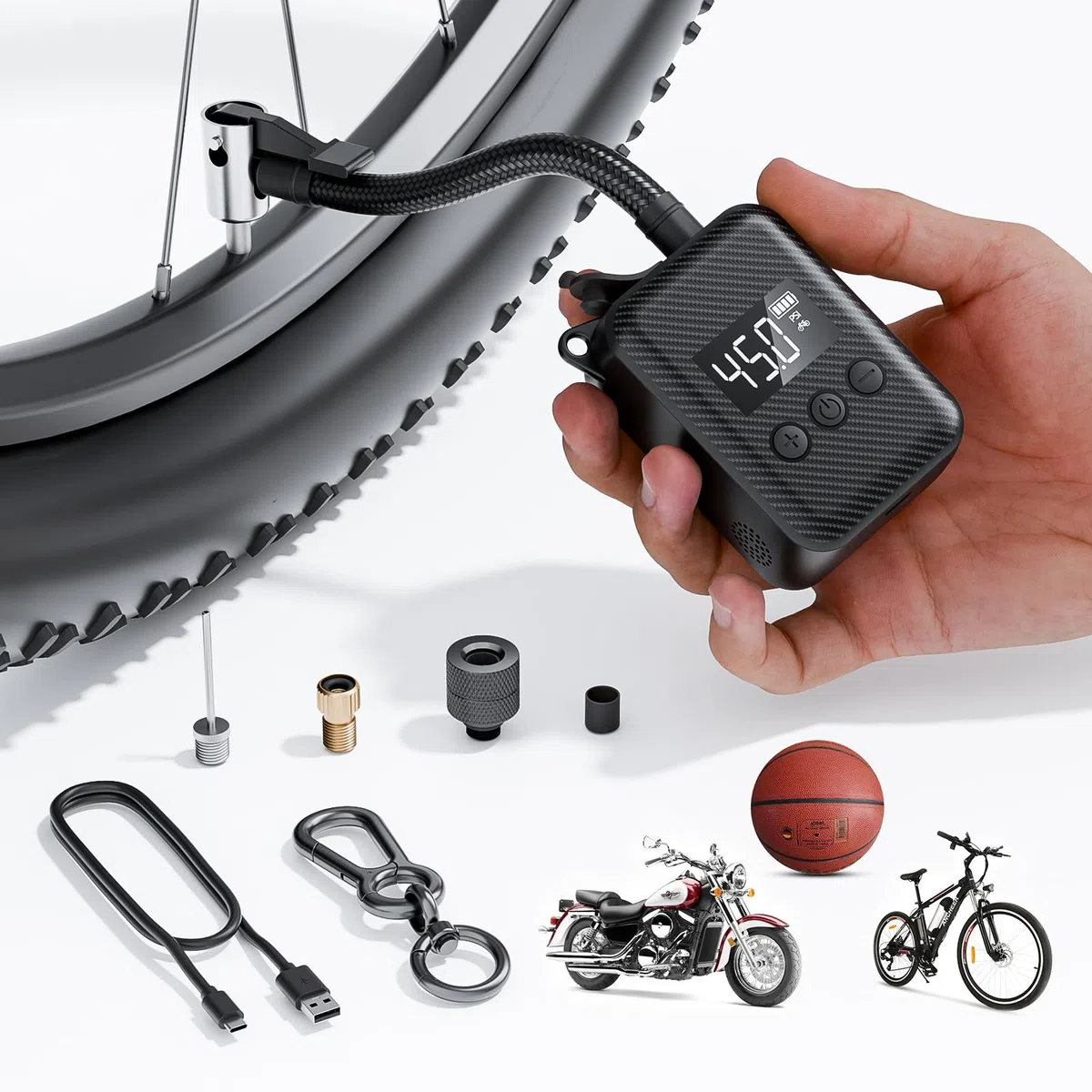 Mini pompa elettrica Bike Pump ricaricabile per bicicletta, 130 PSI, portatile con manometro, spegnimento automatico, adatta per mountain bike, bici da strada e city bike