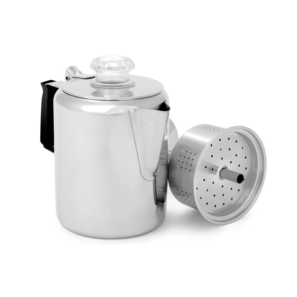 GSI Outdoors Caffettiera da 3 tazze in acciaio inox con manico in silicone per campeggio, viaggi, camper e caccia, sicura per stufa