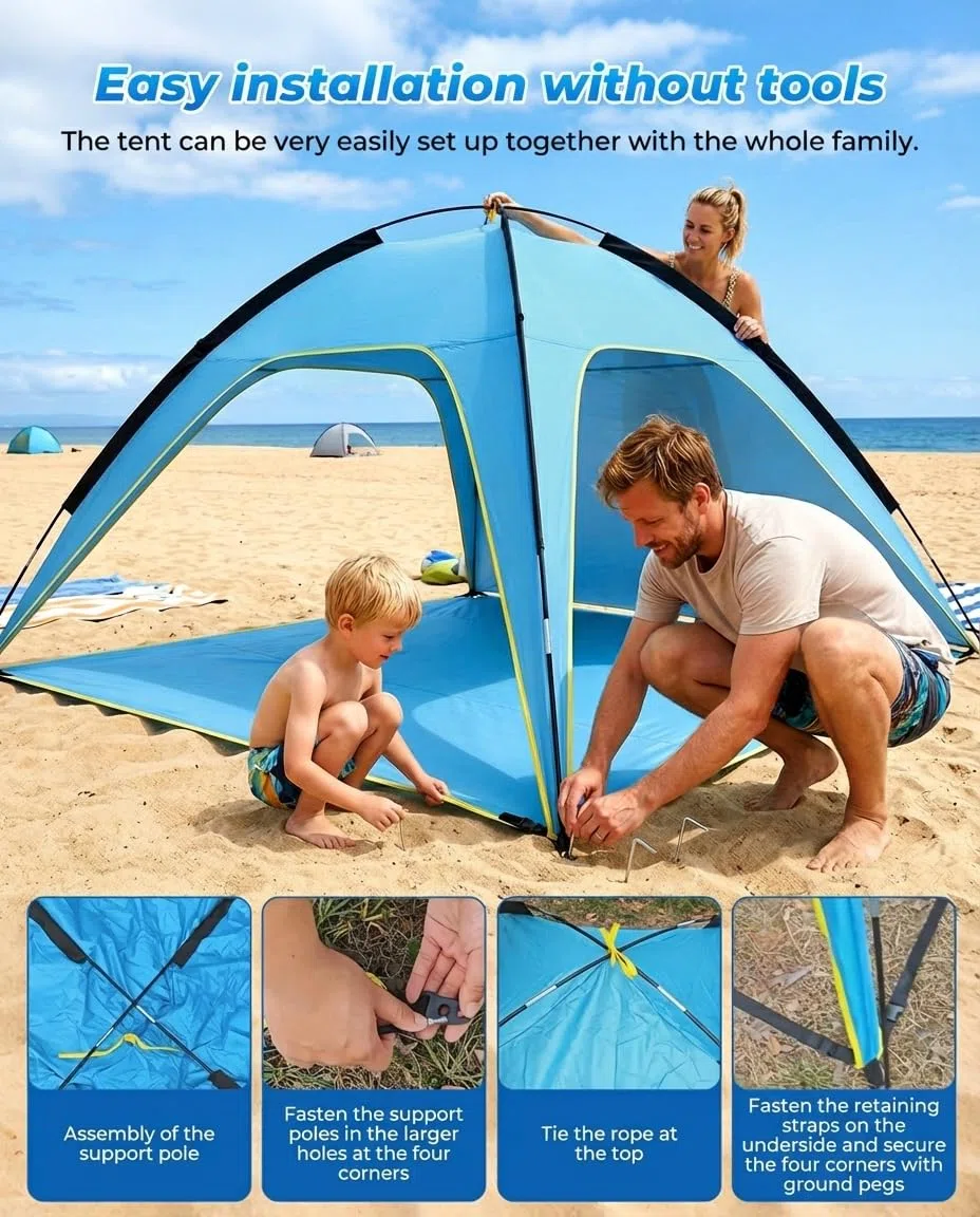 MYMULIKE Tenda da spiaggia UV50+, protezione solare, 210 x 210 x 130 cm, 4-6 persone, poliestere 190T con aste in fibra di vetro da 8 mm, portatile, con sacchi di sabbia/picchetti, per spiaggia