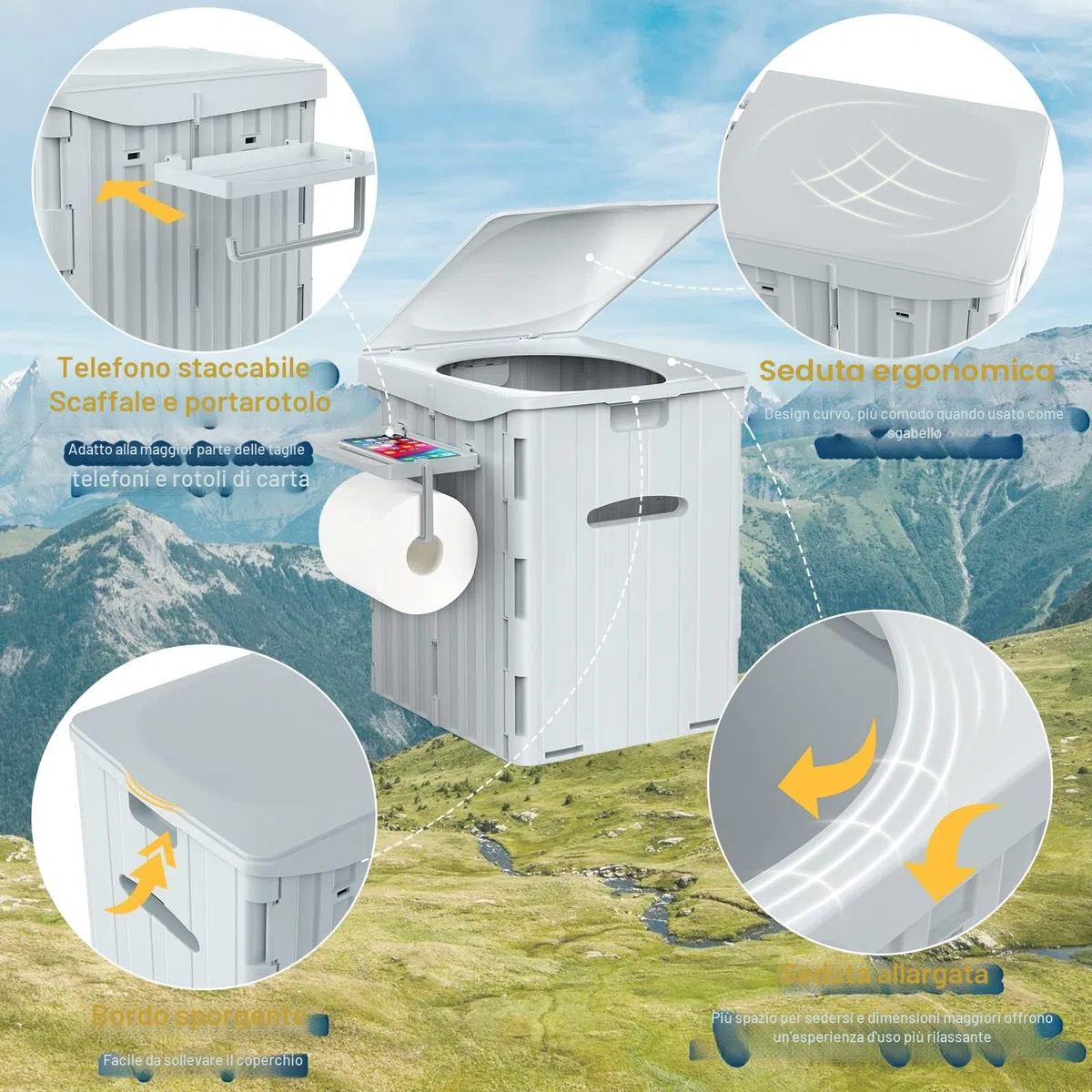 WADEO WC da Campeggio, [XXXL] [Portata Max 181 KG] Portatile e Pieghevole, Sedia Confortevole e Supporto Robusto, Gabinetto da Viaggio per Persone Pesanti, Grandi, Anziani