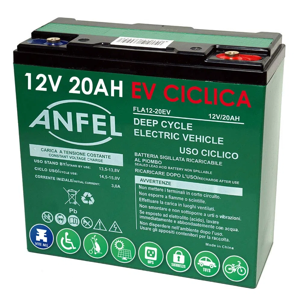 BATTERIA RICARICABILE AL PIOMBO 12V 20AH DEEP CYCLE CICLICA PER BICI BICICLETTE ELETTRICHE SCOOTER CARROZZINE ELETTRICHE 6DZM20 6-DZM-20 USO CICLICO CARRELLI ELETTRICI MOTORI TRAZIONE ELETTRICA