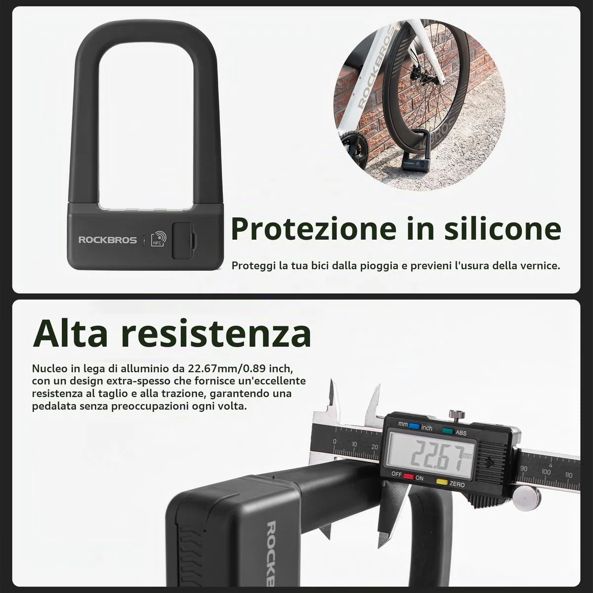 ROCKBROS Lucchetto a U per Bicicletta con NFC, Lucchetto di Sicurezza per Bici Ricaricabile e Antifurto, U-lock per MTB, Bici Pieghevole, Scooter, Monopattini Elettrico