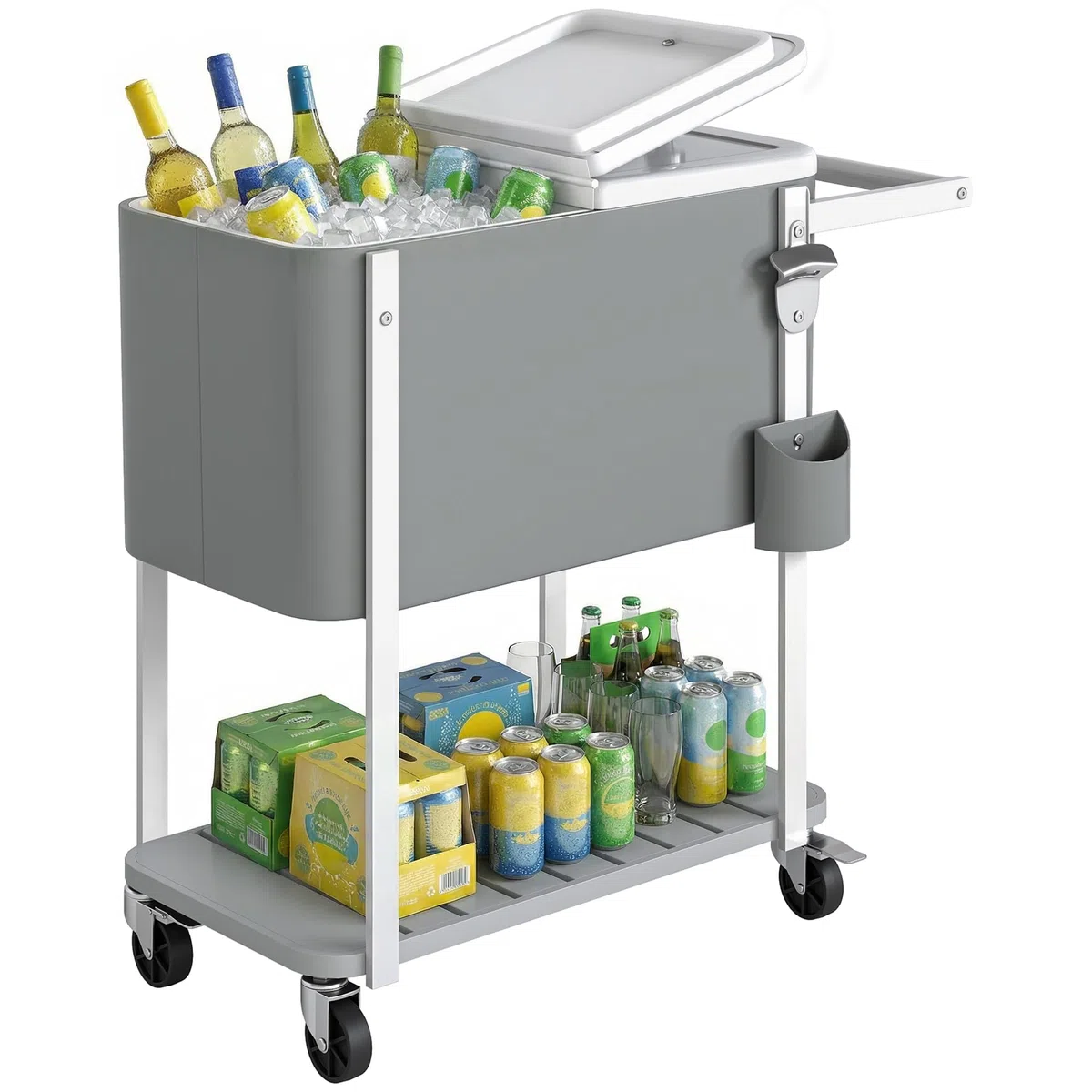 Outsunny Carrello refrigerante con capacità di 56 l, con ruote, apribottiglie, ripiano inferiore, manico carrello per bevande, refrigeratore, portabicchieri per feste all'aperto e barbecue, grigio
