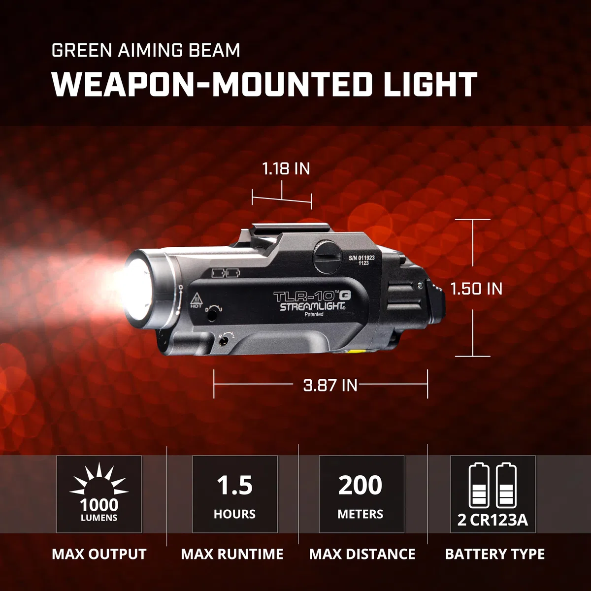 Streamlight 69473 TLR-10 G Flex 1000-Lumen Luce tattica per armi con laser verde integrato, opzioni di interruttore posteriore e kit chiave, nero