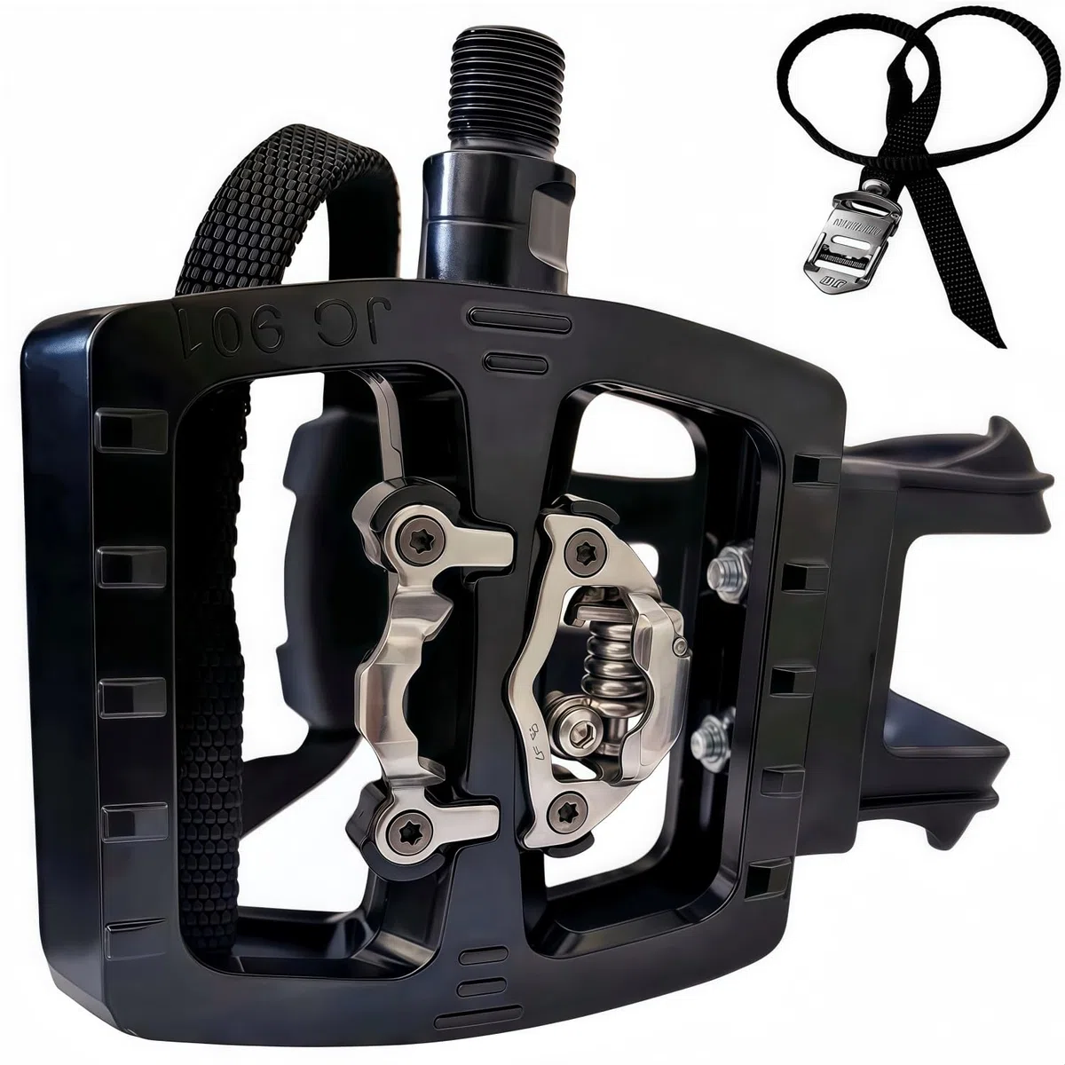 YBEKI SPD - Pedali ibridi [2 in 1] - Pedale a scatto e piattaforma con gabbia/cinghia | Compatibile con Shimano SPD | Asse 9/16" per biciclette indoor, spinning, cyclette