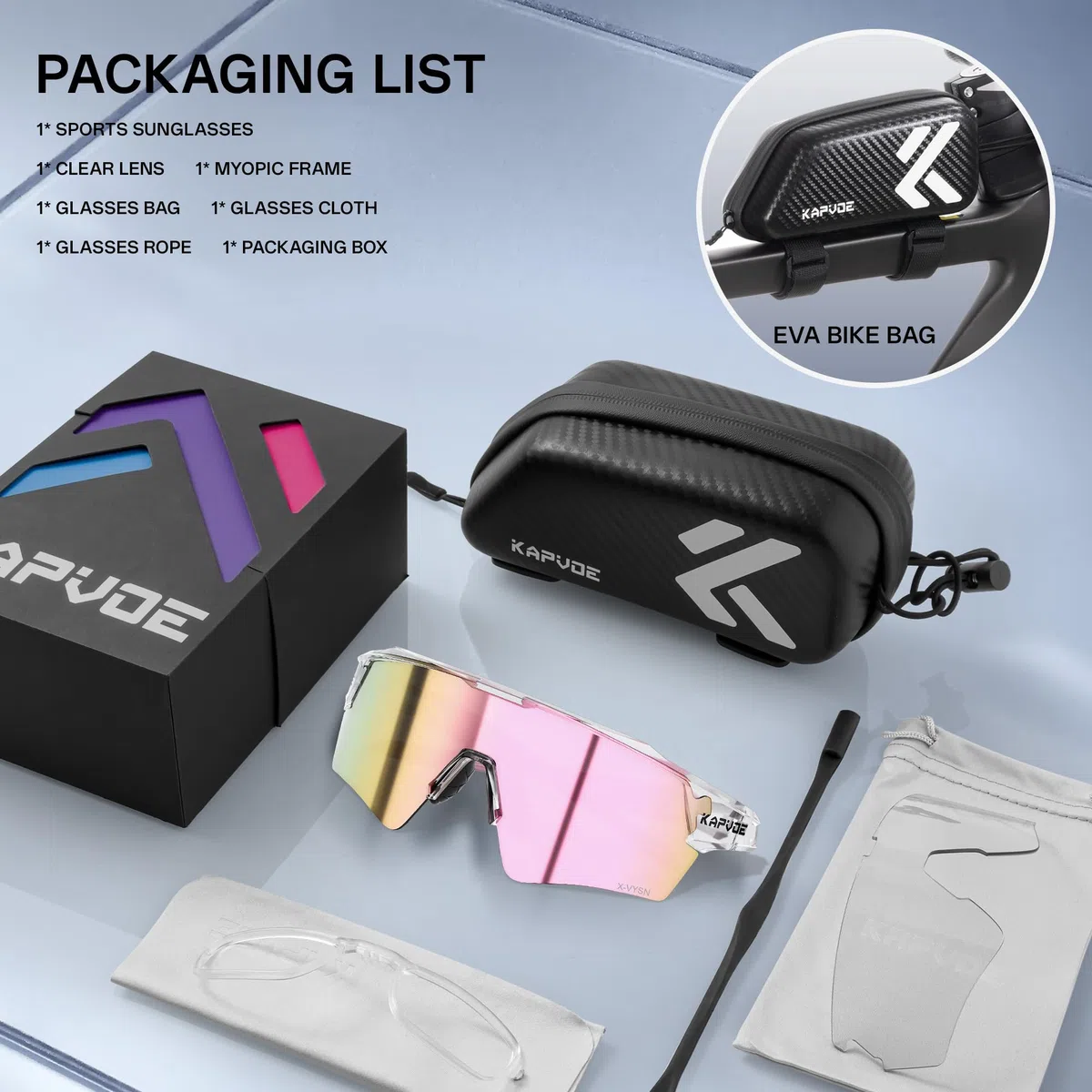 KAPVOE Occhiali da Ciclismo 2 Lenti X-VYSN UV400 Uomo Donna K198 | 2 lenti intercambiabili, alto contrasto X-VYSN, UV400, aste flessibili con anima metallica