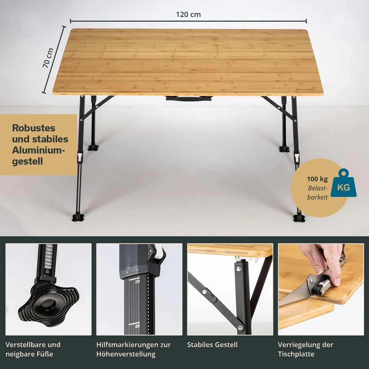 Skandika Tobro Tavolo da campeggio pieghevole | piano in bambù, regolabile in altezza, capacità di carico di 100 kg, resistente alle intemperie, borsa per il trasporto (120x70x70cm)