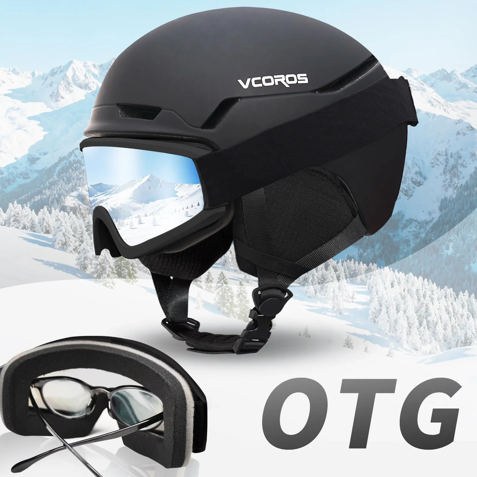 Casco da Sci con Occhiali da Sci Casco Sci per Uomo Donna con Cuscinetti Auricolari Rimovibili Ventilazione UV Ski Helmet per Ski (Nero Opaco+Occhiali da Sci, L)