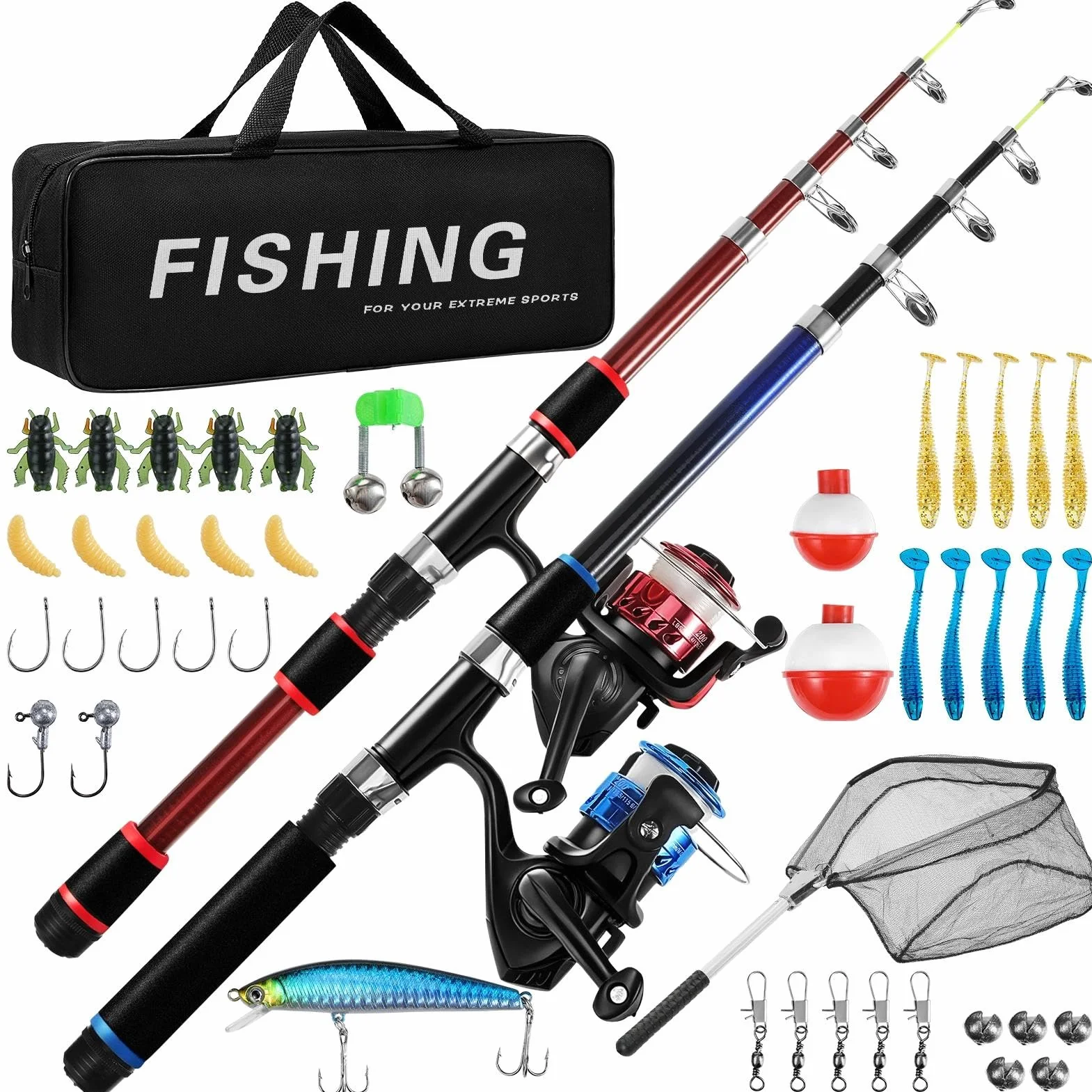 2 Pezzi Canna da Pesca Spinning, 1.8m Fibra di Carbonio Canne Pesca Telescopica Set Combinato Canna da Spinning e Mulinello da Pesca Esche da Pesca Kit Borsa da Trasporto Per Mare e Acqua Dolce