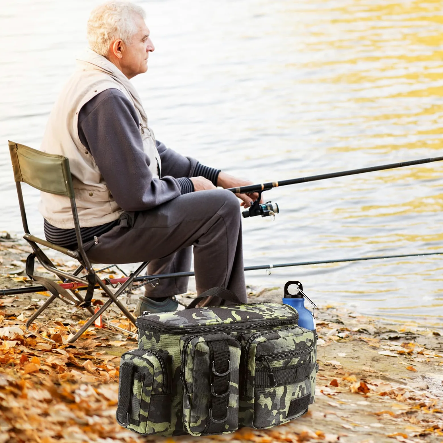 Borsa da Pesca Impermeabile Oxford Alta Capacità, Tracolla per Attrezzatura all'Aperto con Organizer per Canna e Attrezzi