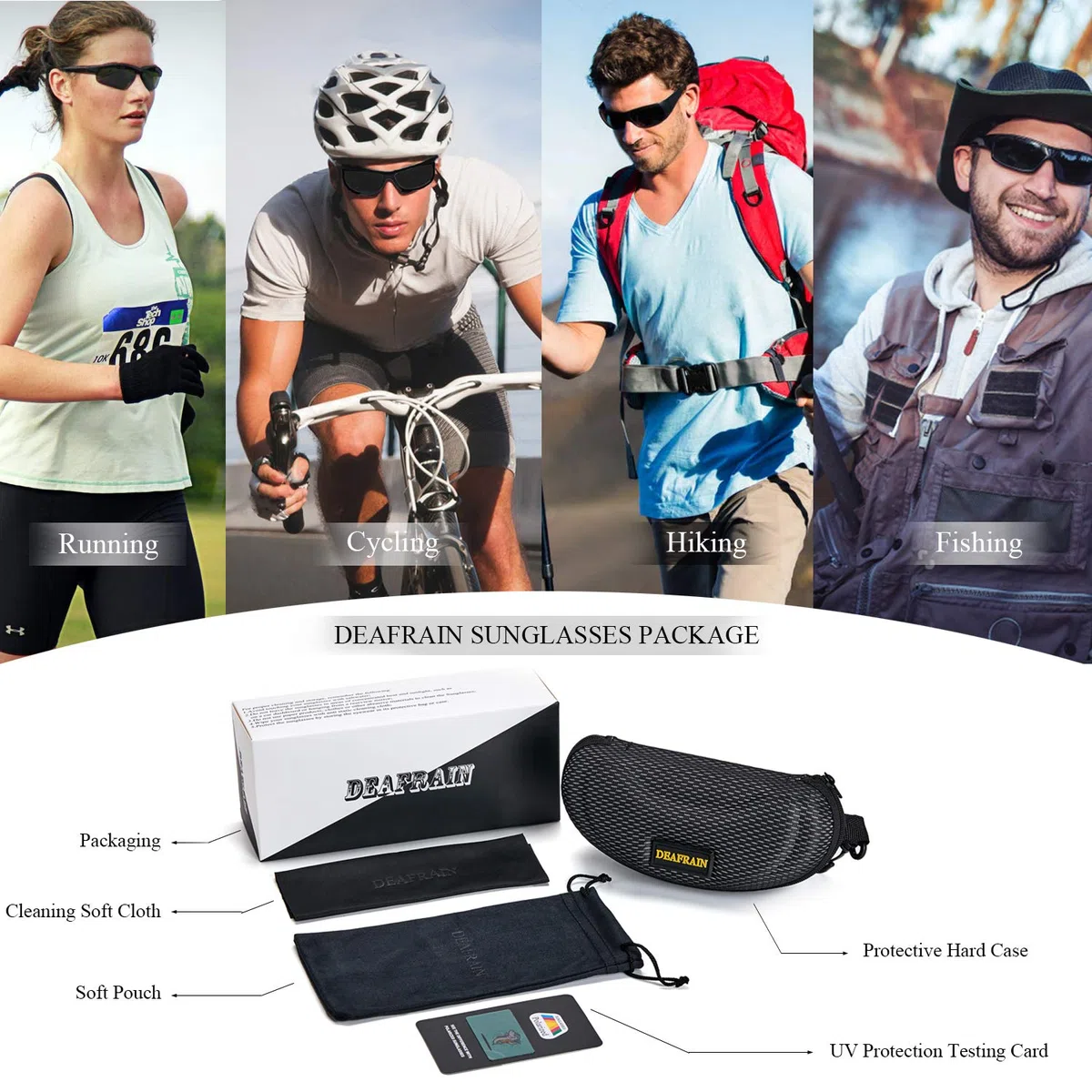 DEAFRAIN Occhiali da sole sportivi polarizzati per uomo e donna, ciclismo, corsa, pesca, TR90, montatura infrangibile, protezione UV