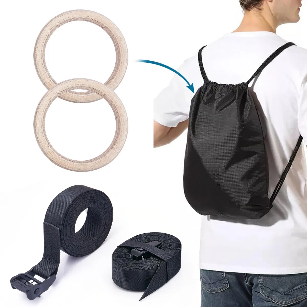 Anelli da Ginnastica in Legno, Anelli Calisthenics,Anelli Palestra con Cinghie e Borsa,Anelli da Ginnastica Legno,Allenamento per Palestra di Casa & Fitness,Spessore 28 mm, Cinghie Regolabili