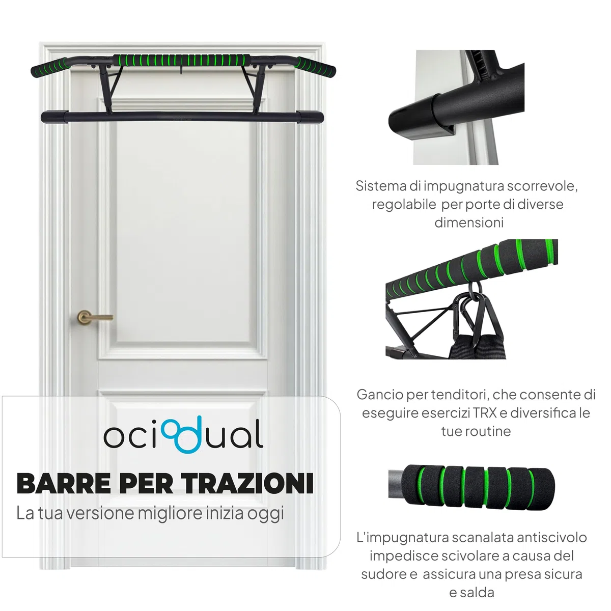 OcioDual sBarra per Trazioni Senza Viti + Cinghie per Allenamento in Sospensione, Barra per Trazioni da Porta Maniglie Elastiche e Antiscivolo in Schiuma, Pull Up Bar Door