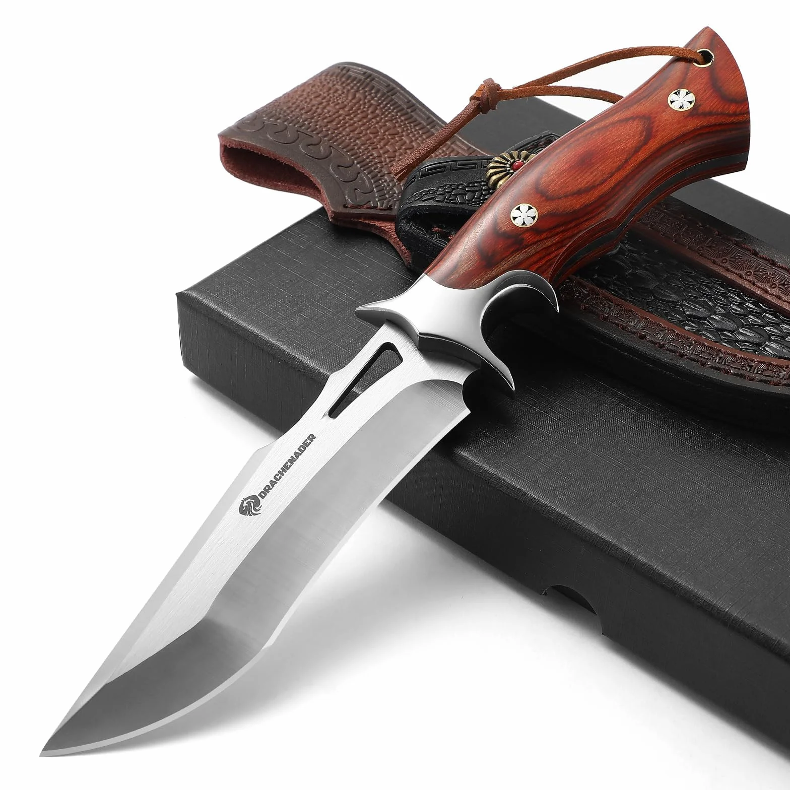 DRACHENADER Coltello Da Caccia, Lama Lunga 13 cm, Acciaio M390, Coltelli Da Caccia Con Fodero In Pelle, Manico In Legno