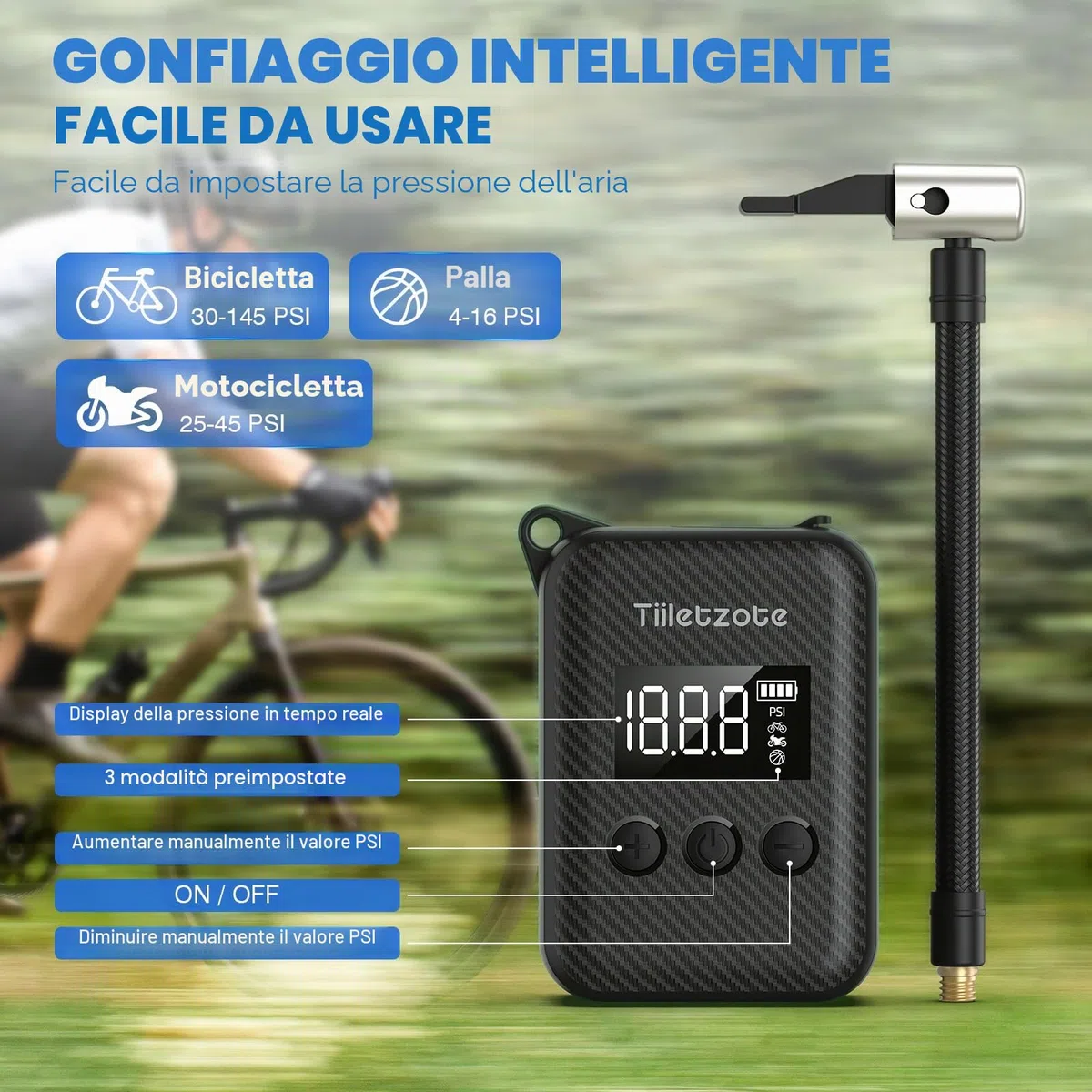 Mini pompa elettrica Bike Pump ricaricabile per bicicletta, 130 PSI, portatile con manometro, spegnimento automatico, adatta per mountain bike, bici da strada e city bike