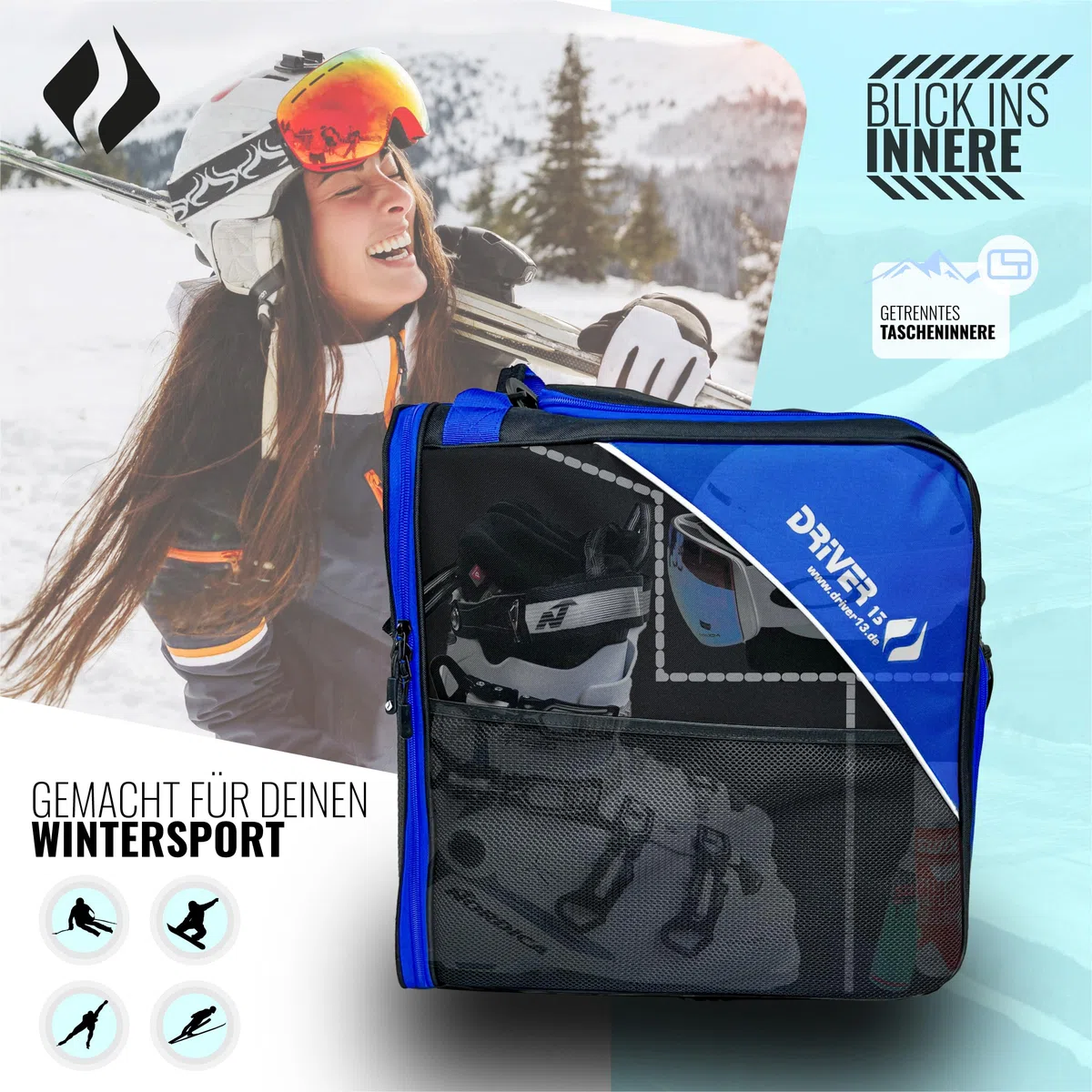 Driver13 borsa per scarponi/scarpe da sci con scomparto casco (bootbag) per scarpe da sci e boots snowboard (nero/blu)