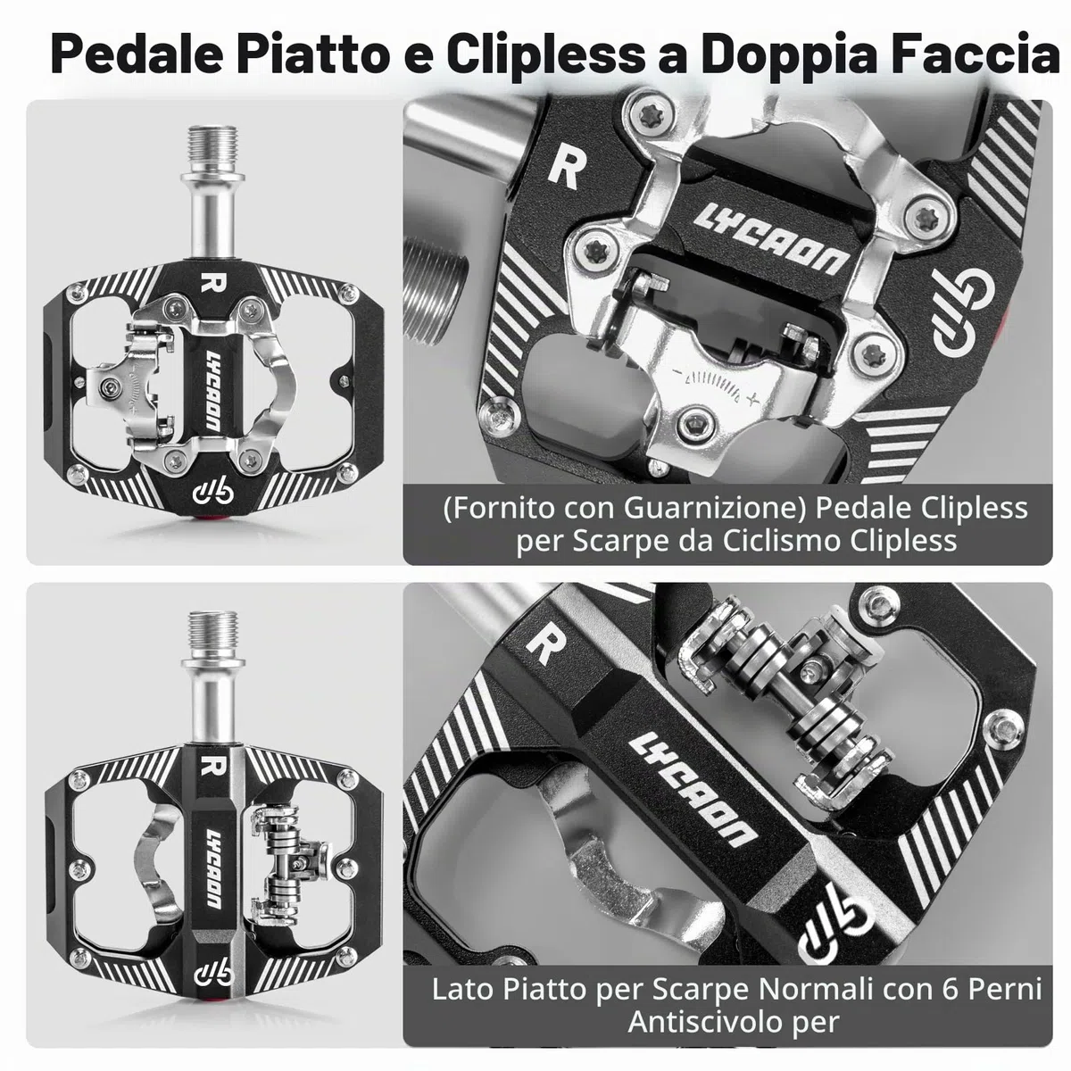 LYCAON Pedale per bicicletta da ciclismo - Pedale a piattaforma per mountain bike a doppia funzione, piatto e senza clip, in alluminio lavorato a CNC, 3 cuscinetti sigillati, compatibile con SPD
