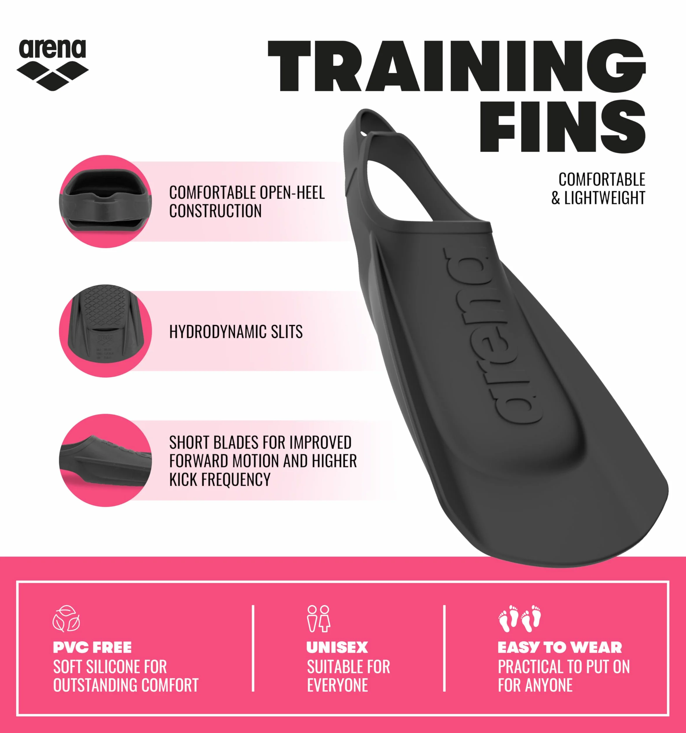 Arena Pinne Unisex per Adulti, comode e Leggere, per Allenamento di Nuoto, per Uomini e Donne, in Silicone, a Lama Corta, con Tacco Aperto