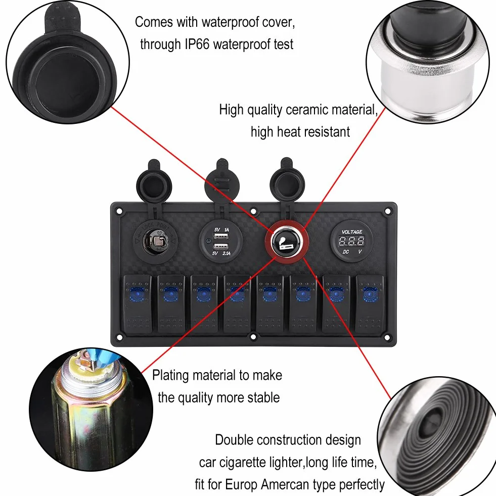 Interruttore a bilanciere 12V 24V 8 Gear Car Boat Impermeabile Interruttore a bilanciere a led Pannello di controllo Doppio voltmetro USB Accendisigari + panel interruptor