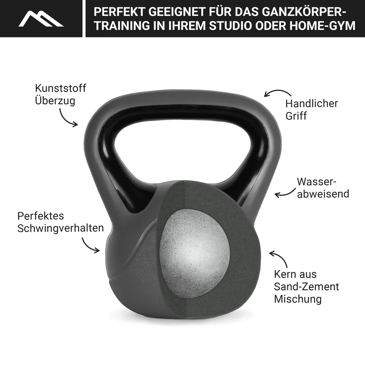 MSPORTS - Kettlebell da 2 – 20 kg, con poster degli esercizi da eseguire, 18 kg – nero