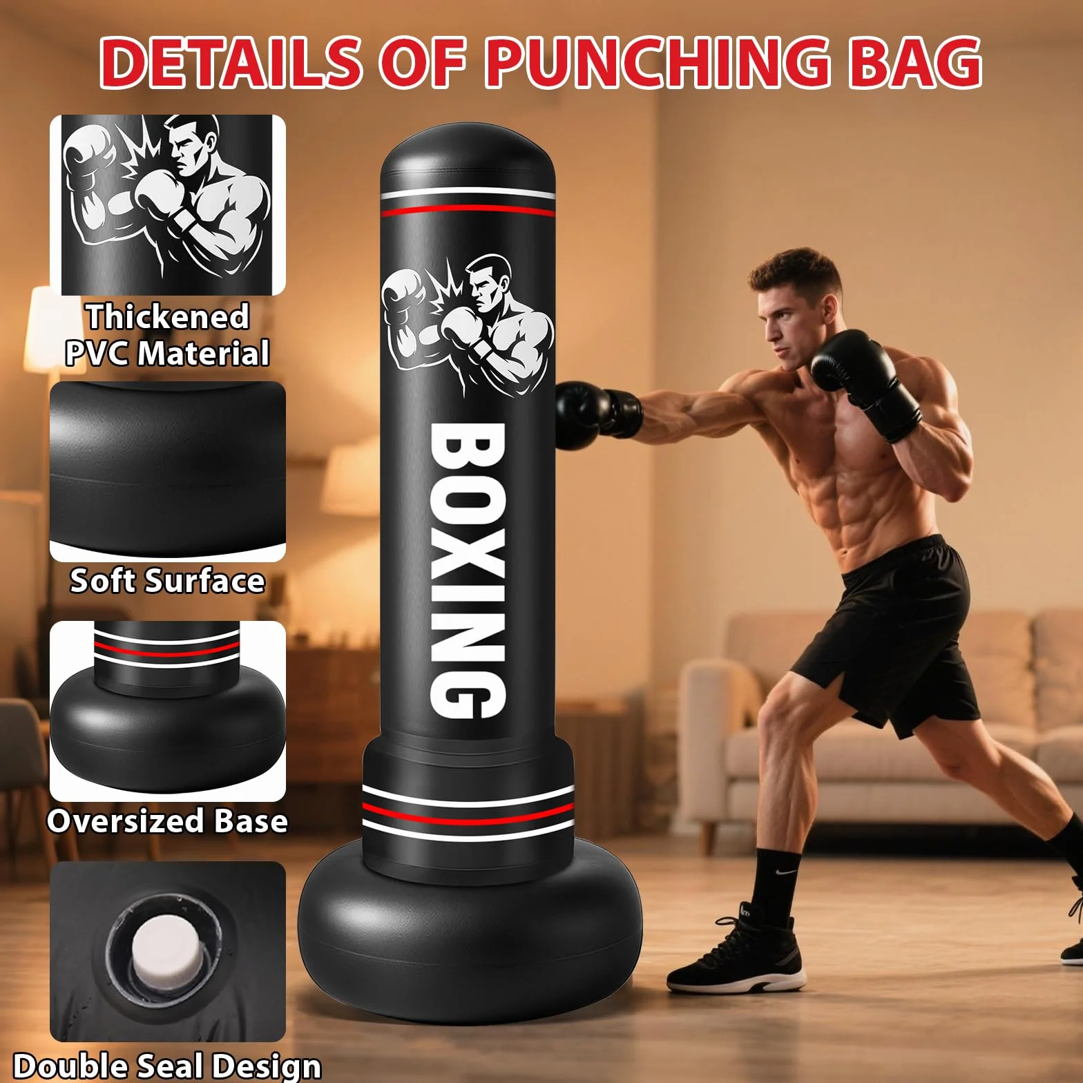 Sacco da Boxe da Terra,190cm Sacco da Boxe per Adulti Gonfiabile con Guantoni e Pompa, Gonfiabile Pungiball Bambini per Kickboxing, Karate, Boxing Bag da Casa e Ufficio