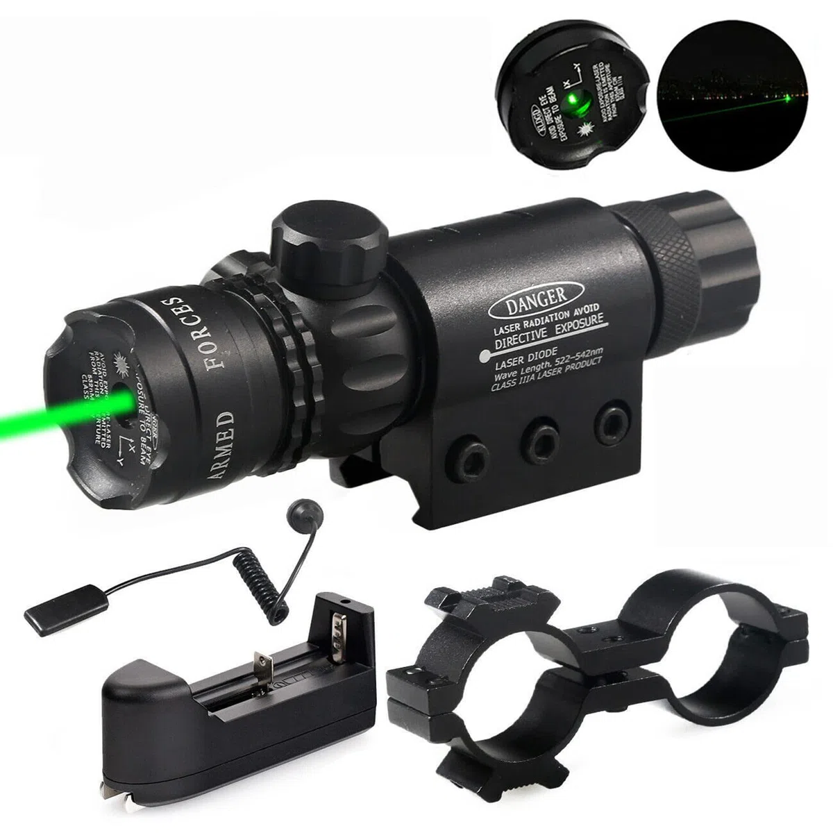 Antiurto 532nm Tactical Green Dot Laser Sight Rifle Gun Scope Rail e Barrel Mount Cap Pressostato con caricabatteria