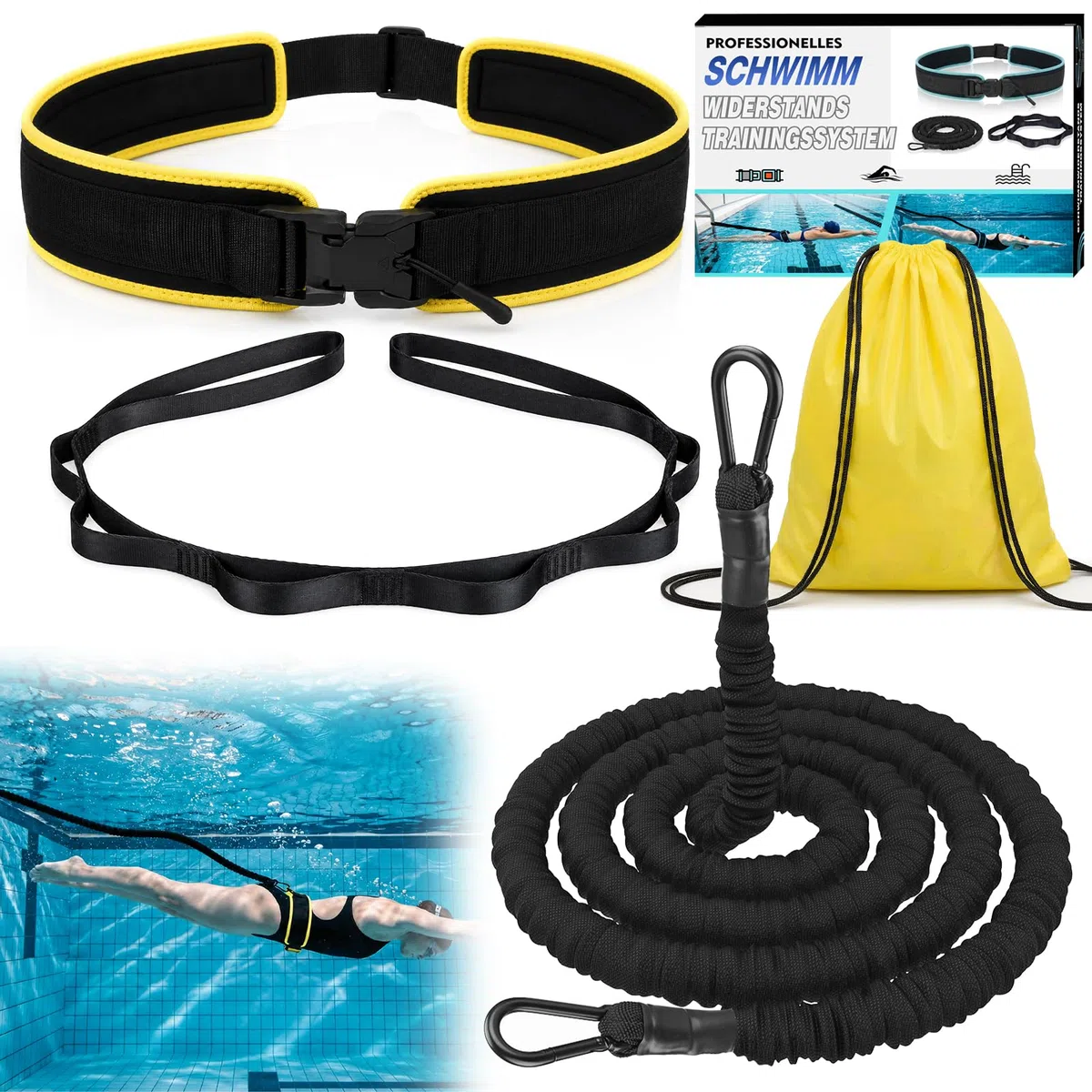 Cintura da nuoto premium per piscina per adulti, 3,5-8 m, con fasce elastiche, per nuoto per adulti, adatta per principianti e professionisti, per nuoto