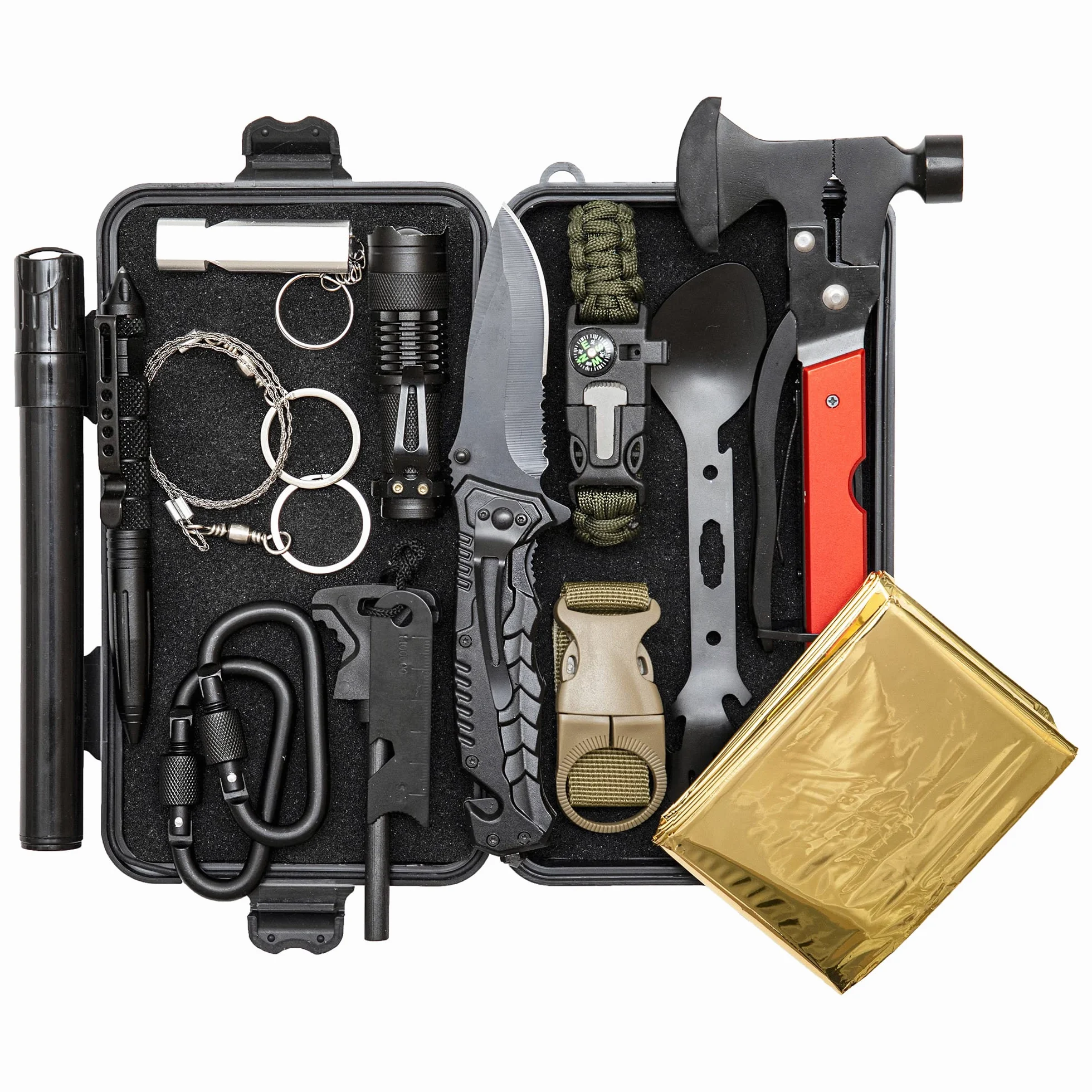 Kit Sopravvivenza con Coltello, Coperta Termica, acciarino, Penna Difesa Personale, Ascia Multifunzione | Per Campeggio, Soccorso | L'unico con Filtro Acqua Emergenza. Survival