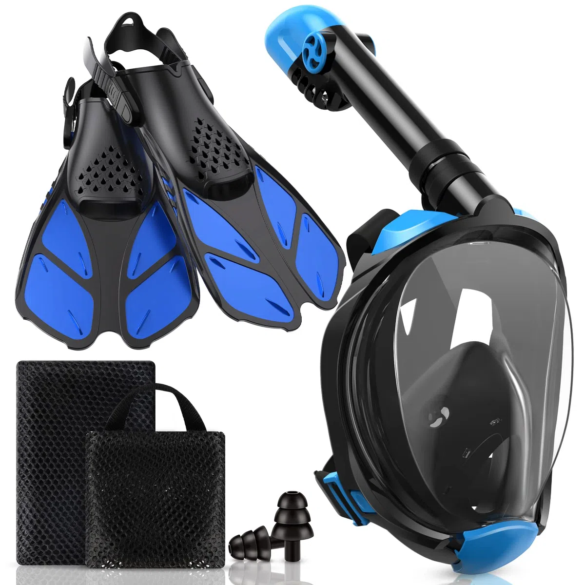 Viginsul Set di attrezzatura da snorkeling per adulti e bambini, maschera integrale pieghevole con pinne regolabili